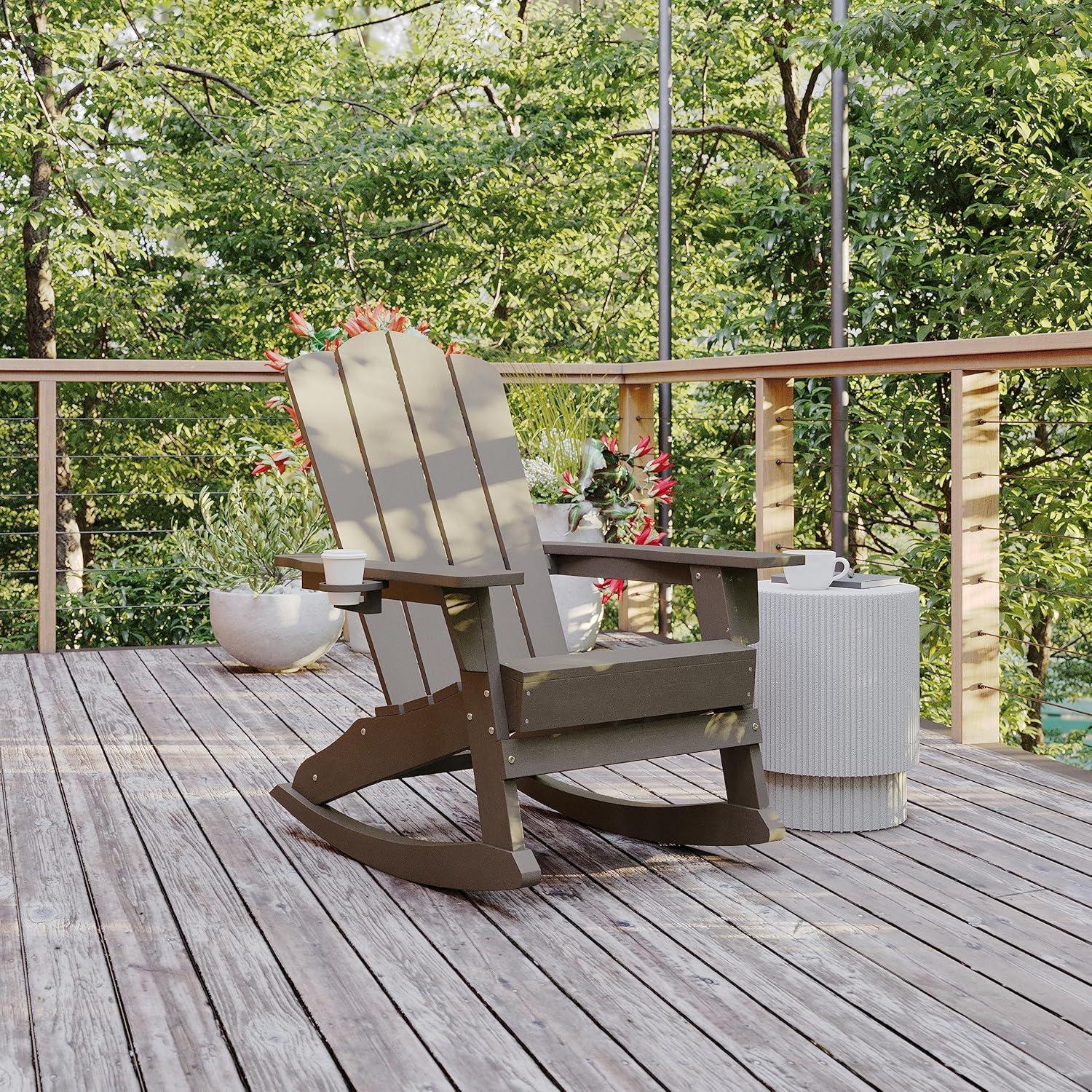 imageFlash Furniture Newport Adirondack Rocking Chairs with Cup Holder Weather Resistant Poly Resin Adirondack Rocking Chairs Set of 2 RedBrown