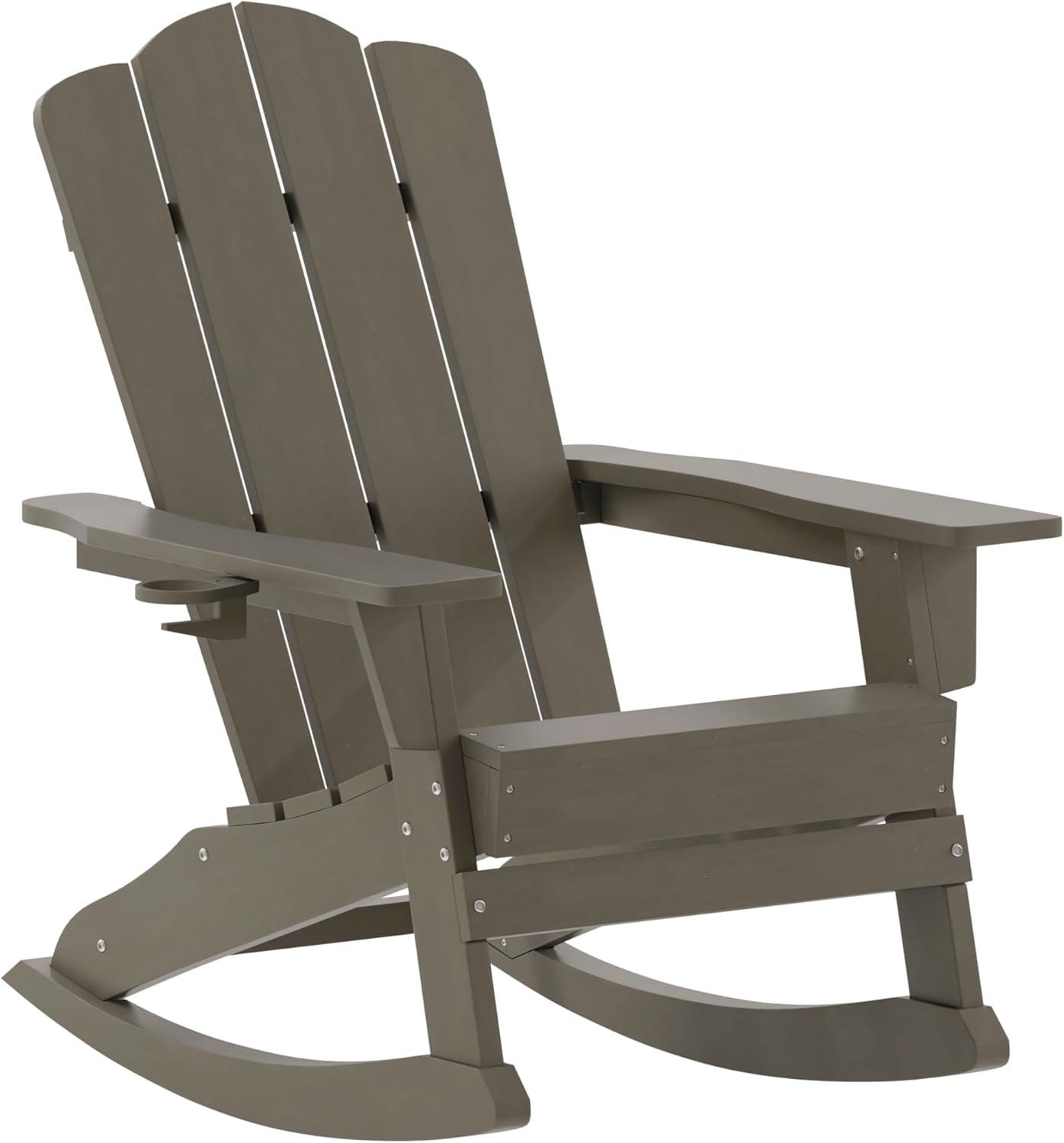 imageFlash Furniture Newport Adirondack Rocking Chairs with Cup Holder Weather Resistant Poly Resin Adirondack Rocking Chairs Set of 2 RedBrown