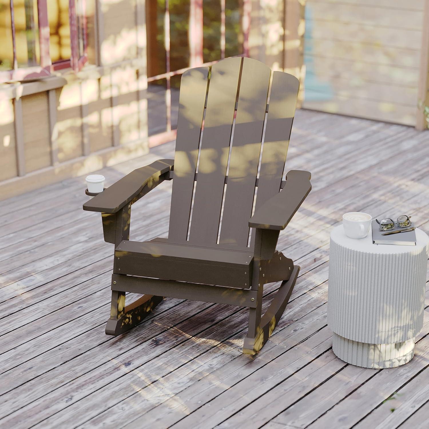 imageFlash Furniture Newport Adirondack Rocking Chairs with Cup Holder Weather Resistant Poly Resin Adirondack Rocking Chairs Set of 2 RedBrown