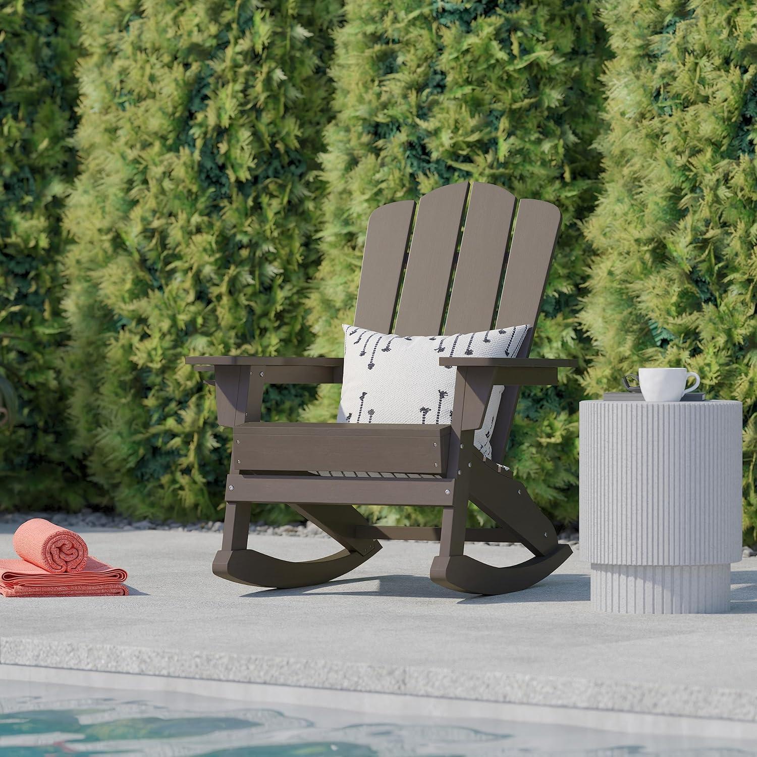 imageFlash Furniture Newport Adirondack Rocking Chairs with Cup Holder Weather Resistant Poly Resin Adirondack Rocking Chairs Set of 2 RedBrown