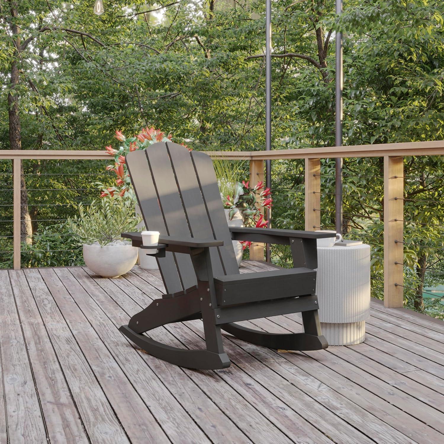 imageFlash Furniture Newport Adirondack Rocking Chairs with Cup Holder Weather Resistant Poly Resin Adirondack Rocking Chairs Set of 2 RedGrey