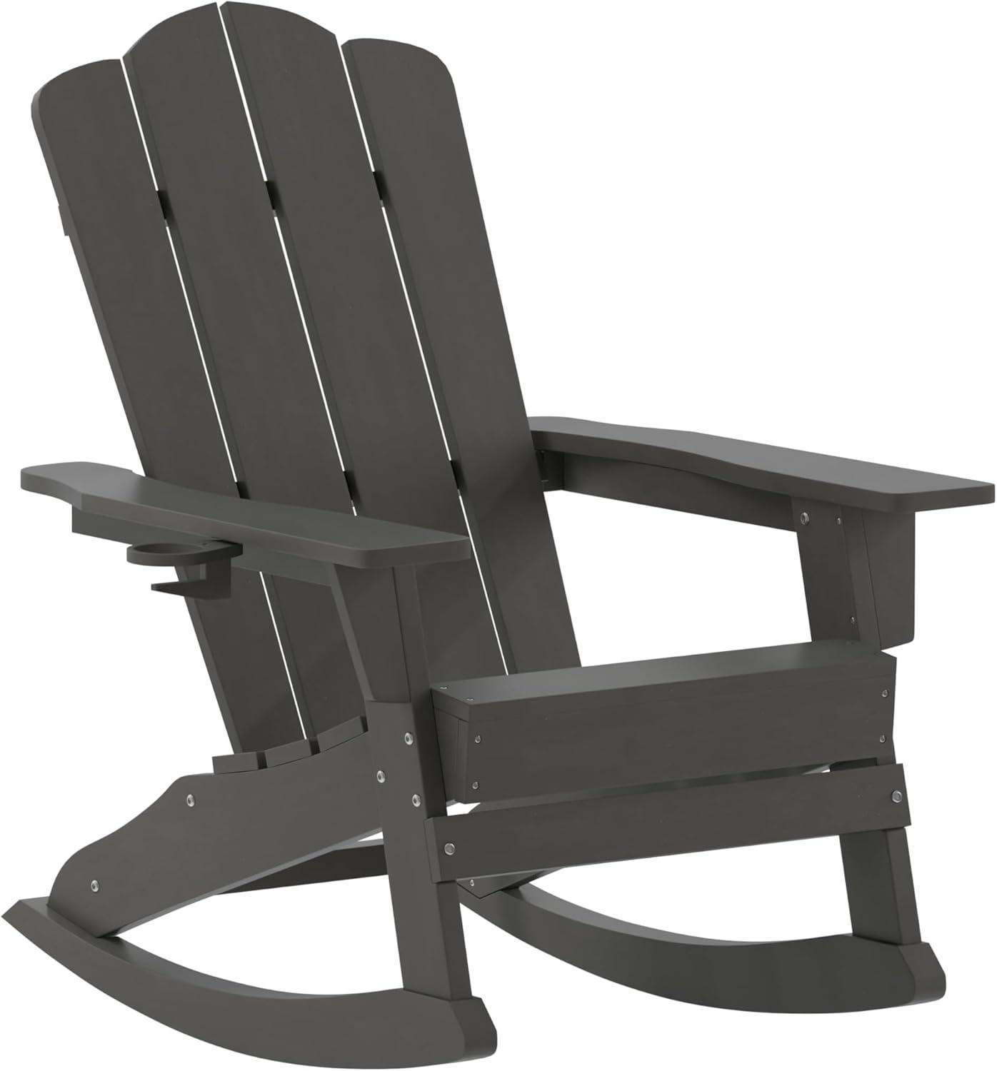 imageFlash Furniture Newport Adirondack Rocking Chairs with Cup Holder Weather Resistant Poly Resin Adirondack Rocking Chairs Set of 2 RedGrey