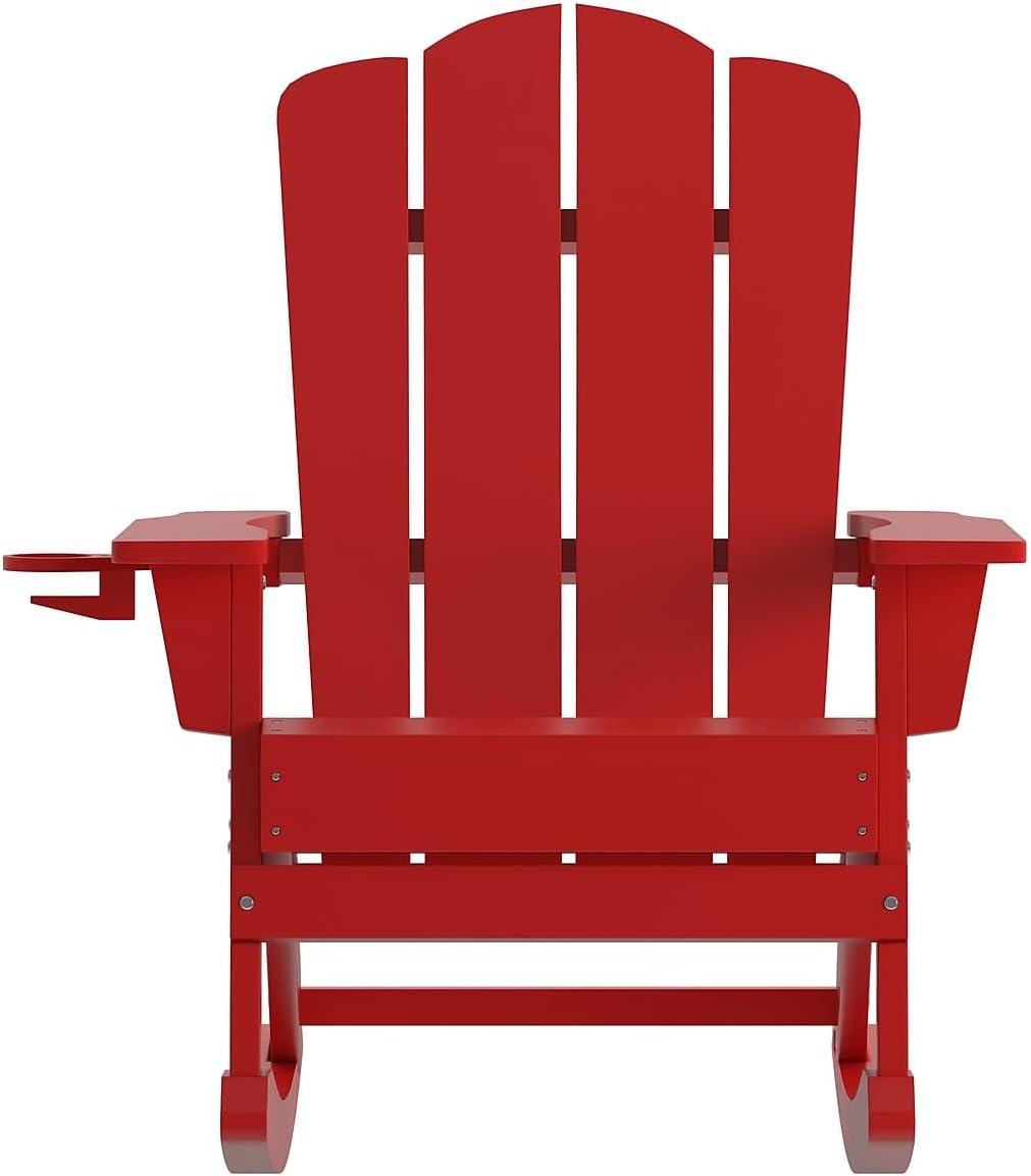 imageFlash Furniture Newport Adirondack Rocking Chairs with Cup Holder Weather Resistant Poly Resin Adirondack Rocking Chairs Set of 2 RedRed