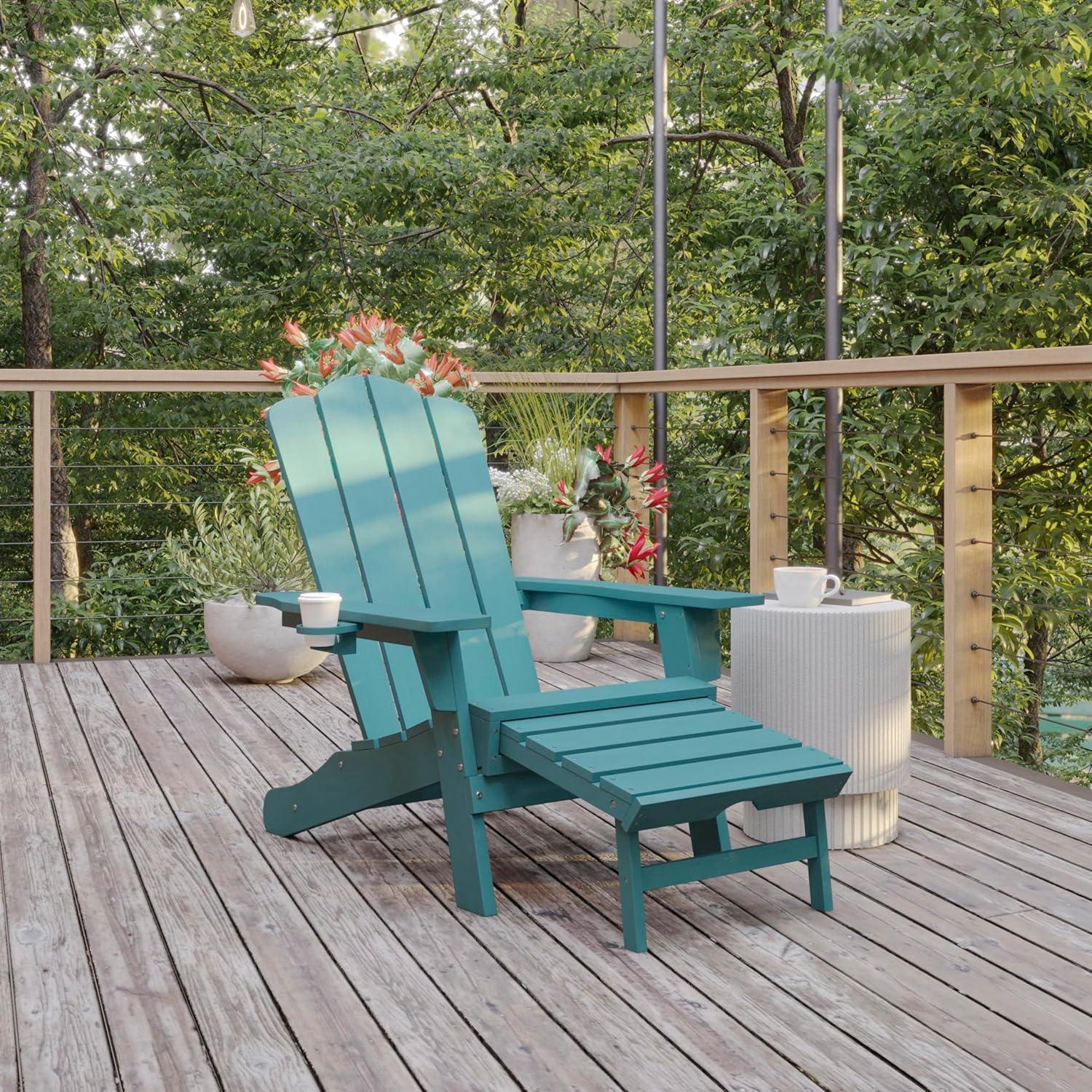 imageFlash Furniture Newport Poly Resin Adirondack Chair with Cup Holder and Pull Out Ottoman AllWeather Poly Resin IndoorOutdoor Lounge Chair GrayBlue