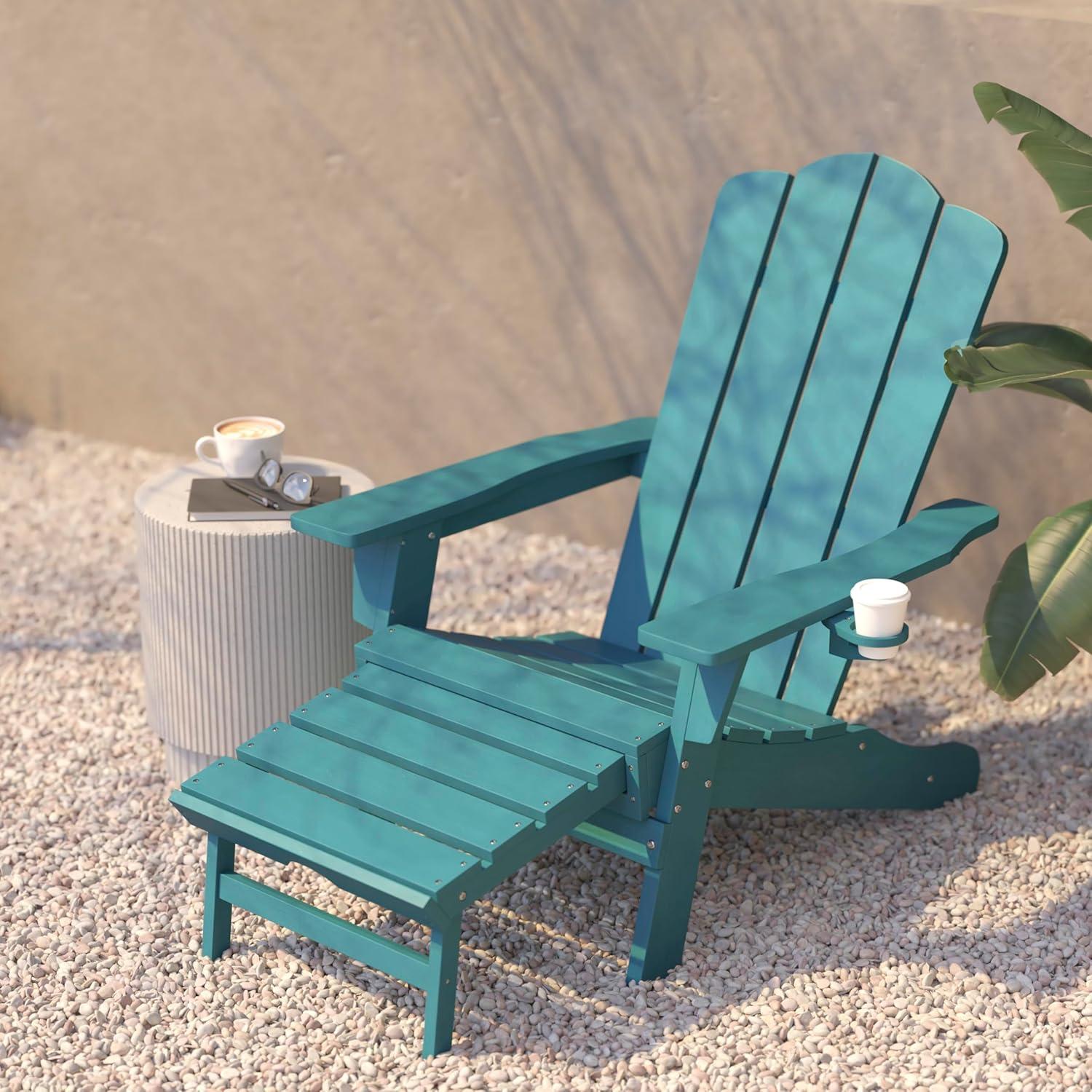 imageFlash Furniture Newport Poly Resin Adirondack Chair with Cup Holder and Pull Out Ottoman AllWeather Poly Resin IndoorOutdoor Lounge Chair GrayBlue
