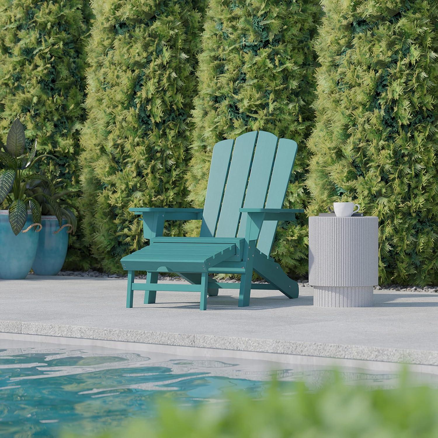 imageFlash Furniture Newport Poly Resin Adirondack Chair with Cup Holder and Pull Out Ottoman AllWeather Poly Resin IndoorOutdoor Lounge Chair GrayBlue
