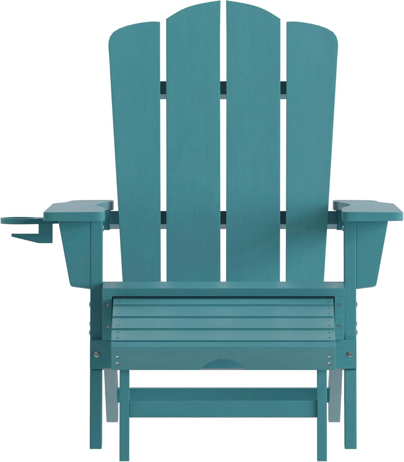 imageFlash Furniture Newport Poly Resin Adirondack Chair with Cup Holder and Pull Out Ottoman AllWeather Poly Resin IndoorOutdoor Lounge Chair GrayBlue