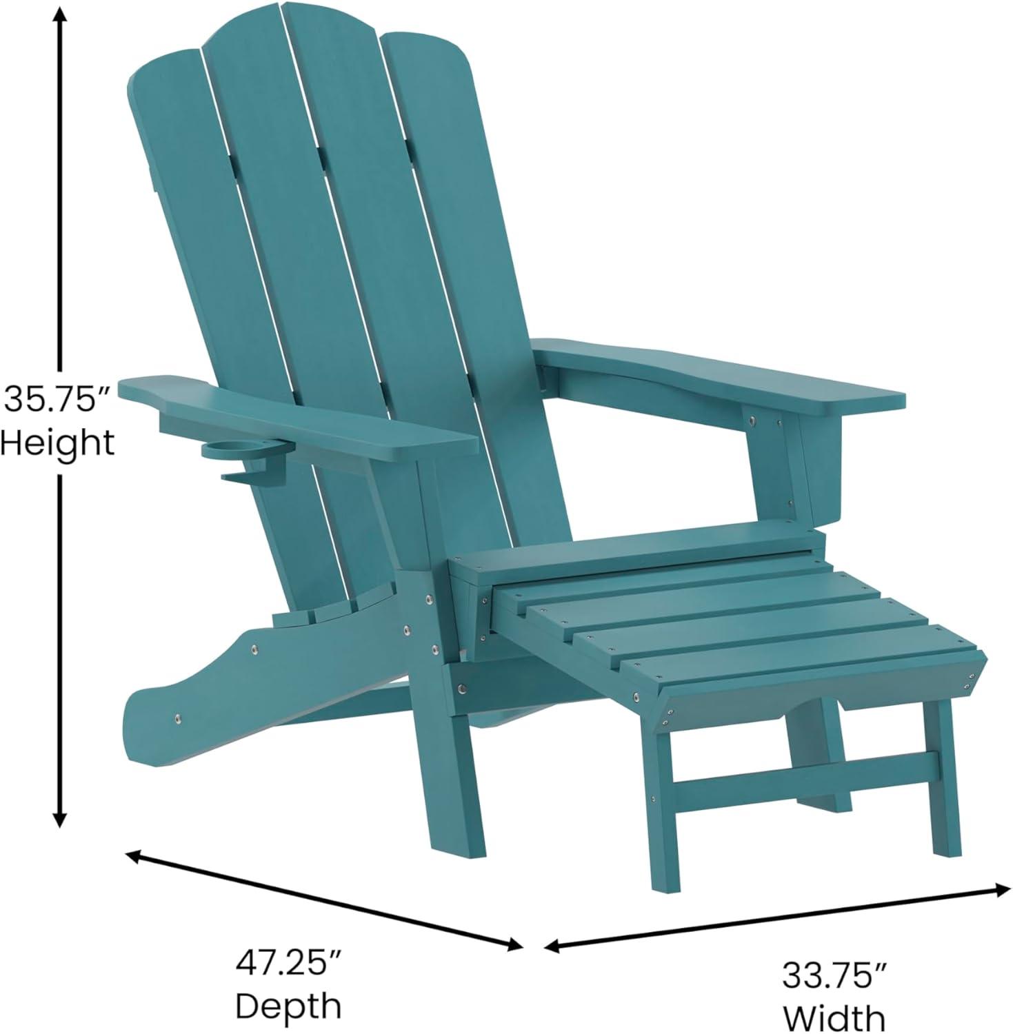imageFlash Furniture Newport Poly Resin Adirondack Chair with Cup Holder and Pull Out Ottoman AllWeather Poly Resin IndoorOutdoor Lounge Chair GrayBlue