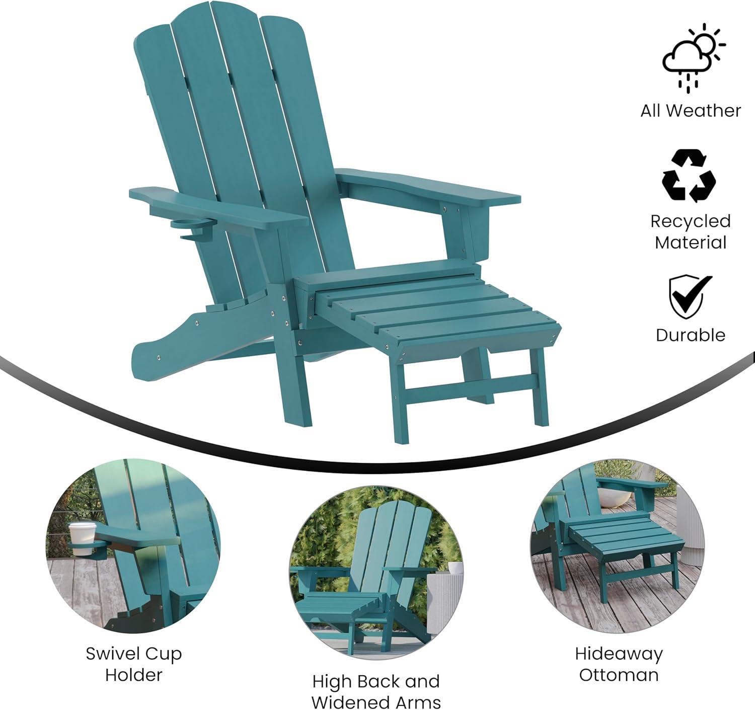 imageFlash Furniture Newport Poly Resin Adirondack Chair with Cup Holder and Pull Out Ottoman AllWeather Poly Resin IndoorOutdoor Lounge Chair GrayBlue