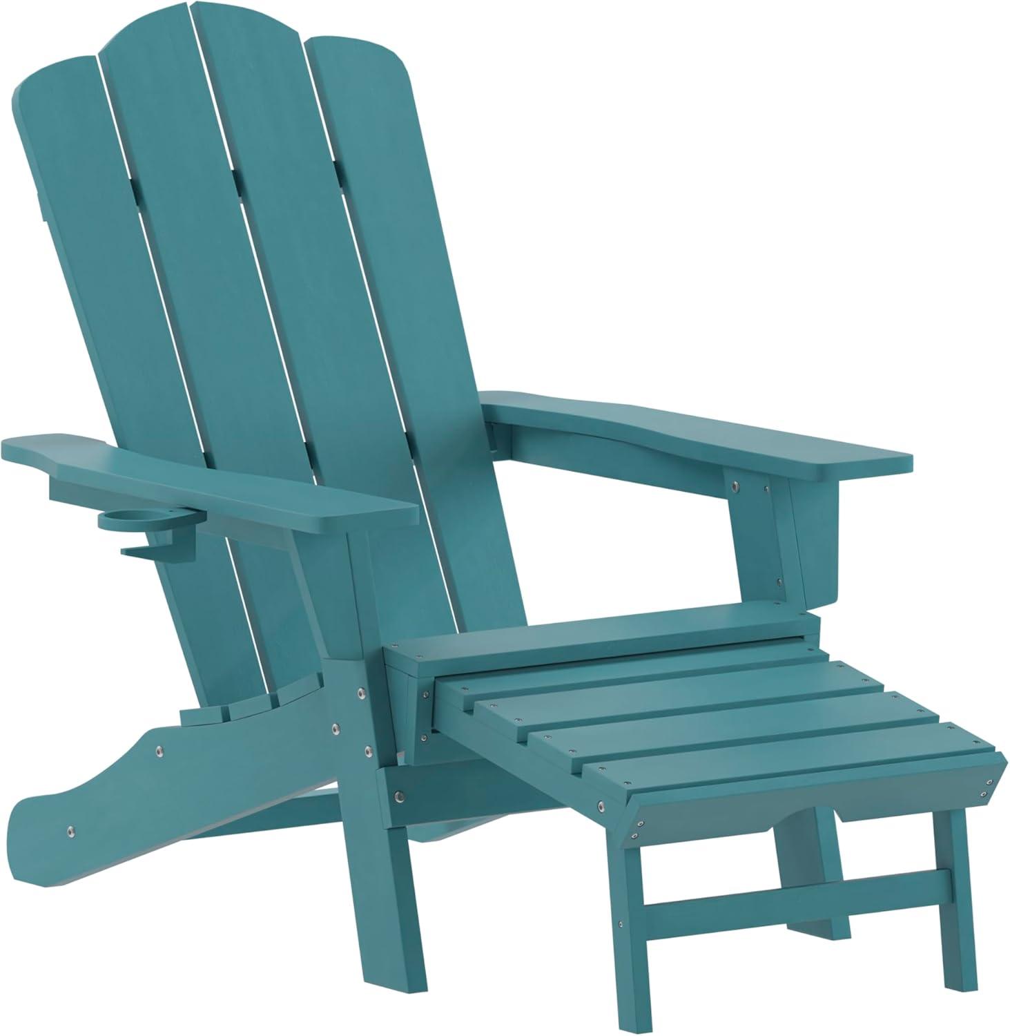 imageFlash Furniture Newport Poly Resin Adirondack Chair with Cup Holder and Pull Out Ottoman AllWeather Poly Resin IndoorOutdoor Lounge Chair GrayBlue