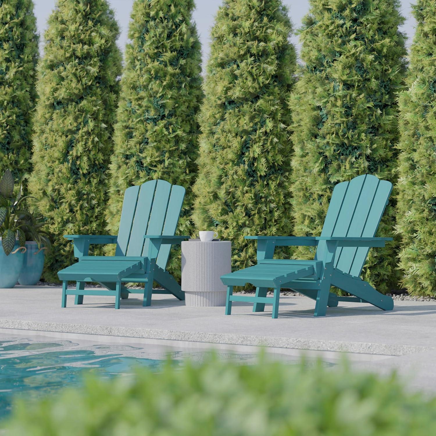 imageFlash Furniture Newport Poly Resin Adirondack Chair with Cup Holder and Pull Out Ottoman AllWeather Poly Resin IndoorOutdoor Lounge Chair GrayBlue