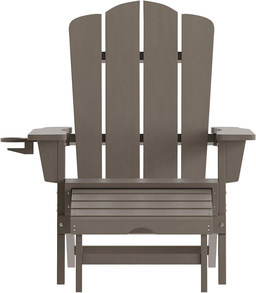 imageFlash Furniture Newport Poly Resin Adirondack Chair with Cup Holder and Pull Out Ottoman AllWeather Poly Resin IndoorOutdoor Lounge Chair GrayBrown
