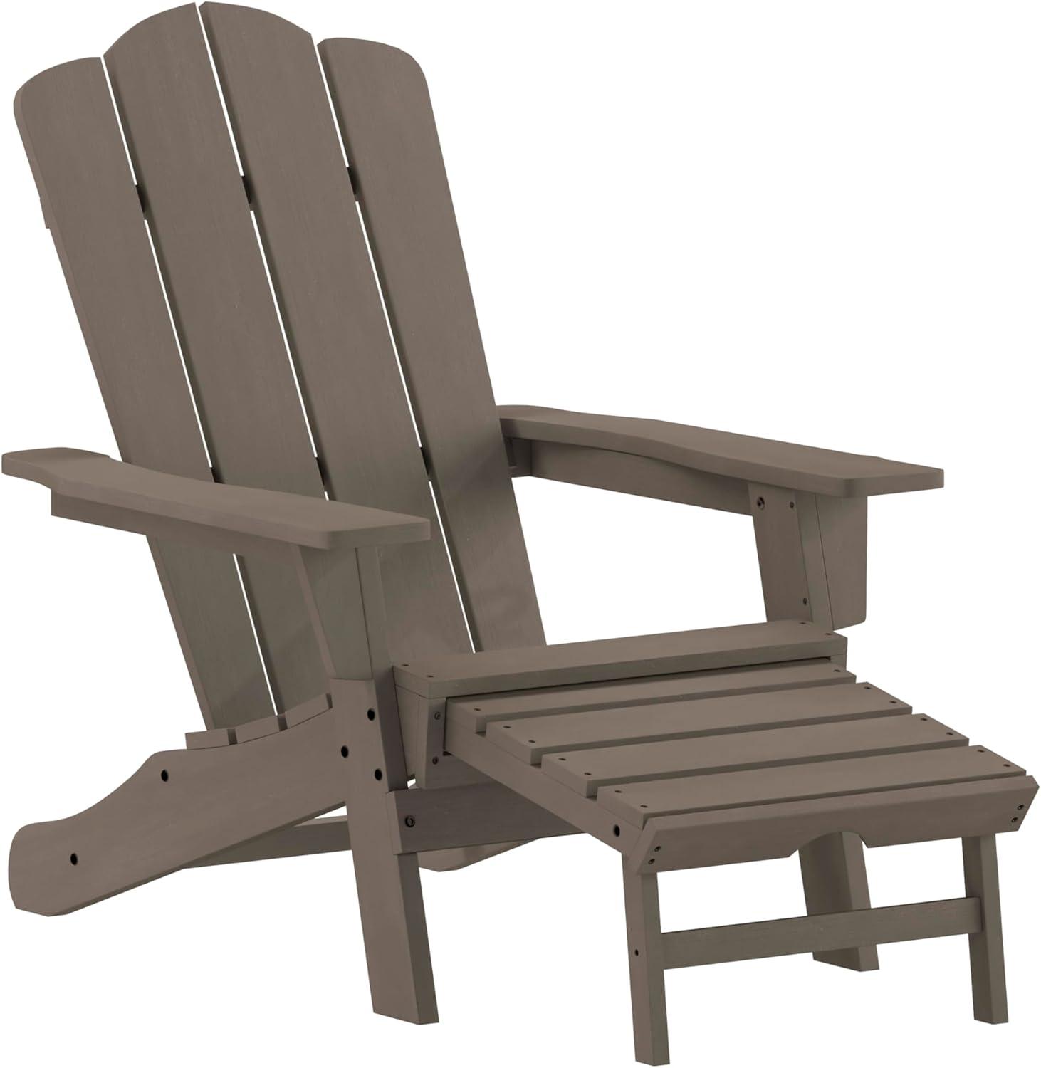 imageFlash Furniture Newport Poly Resin Adirondack Chair with Cup Holder and Pull Out Ottoman AllWeather Poly Resin IndoorOutdoor Lounge Chair GrayBrown