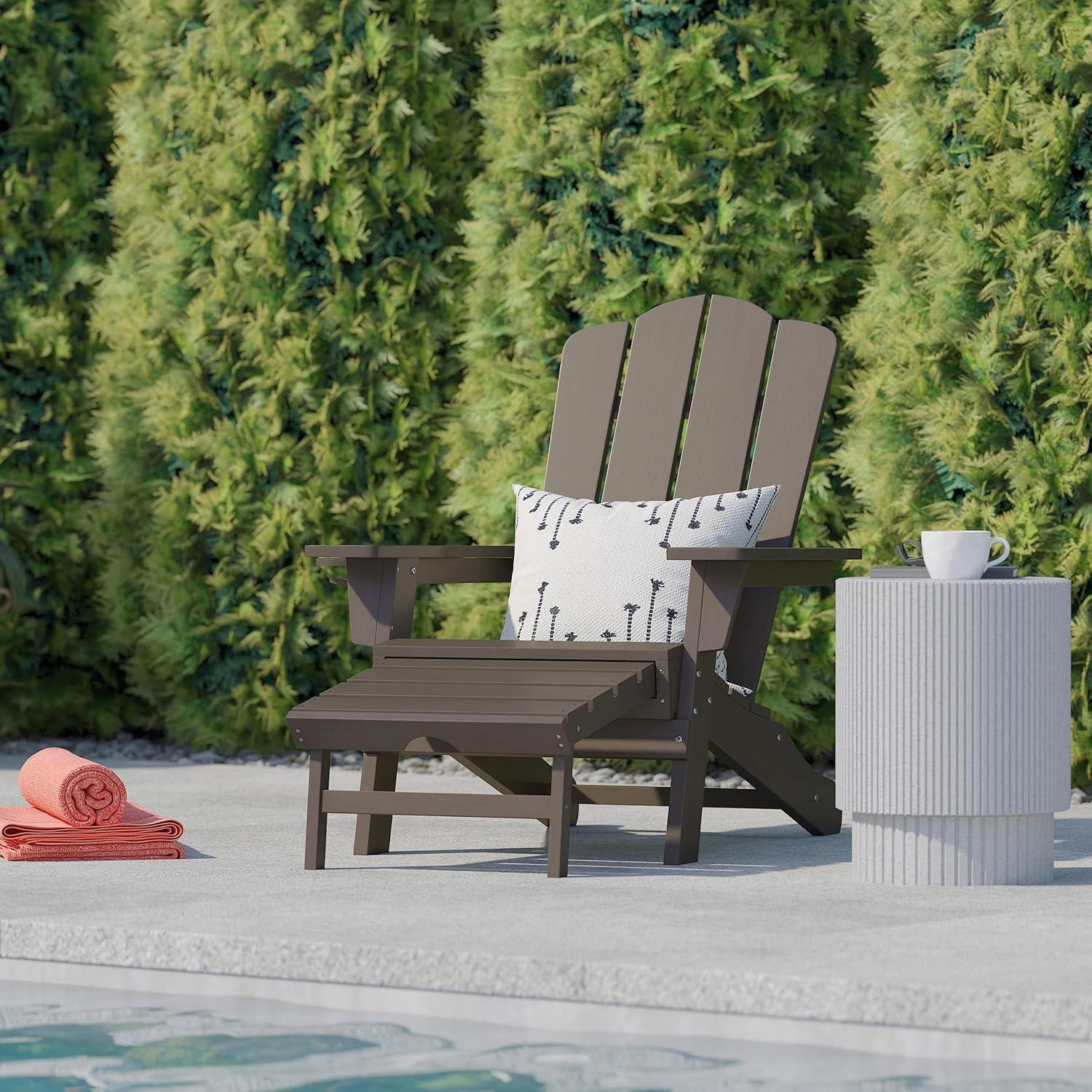 imageFlash Furniture Newport Poly Resin Adirondack Chair with Cup Holder and Pull Out Ottoman AllWeather Poly Resin IndoorOutdoor Lounge Chair GrayBrown