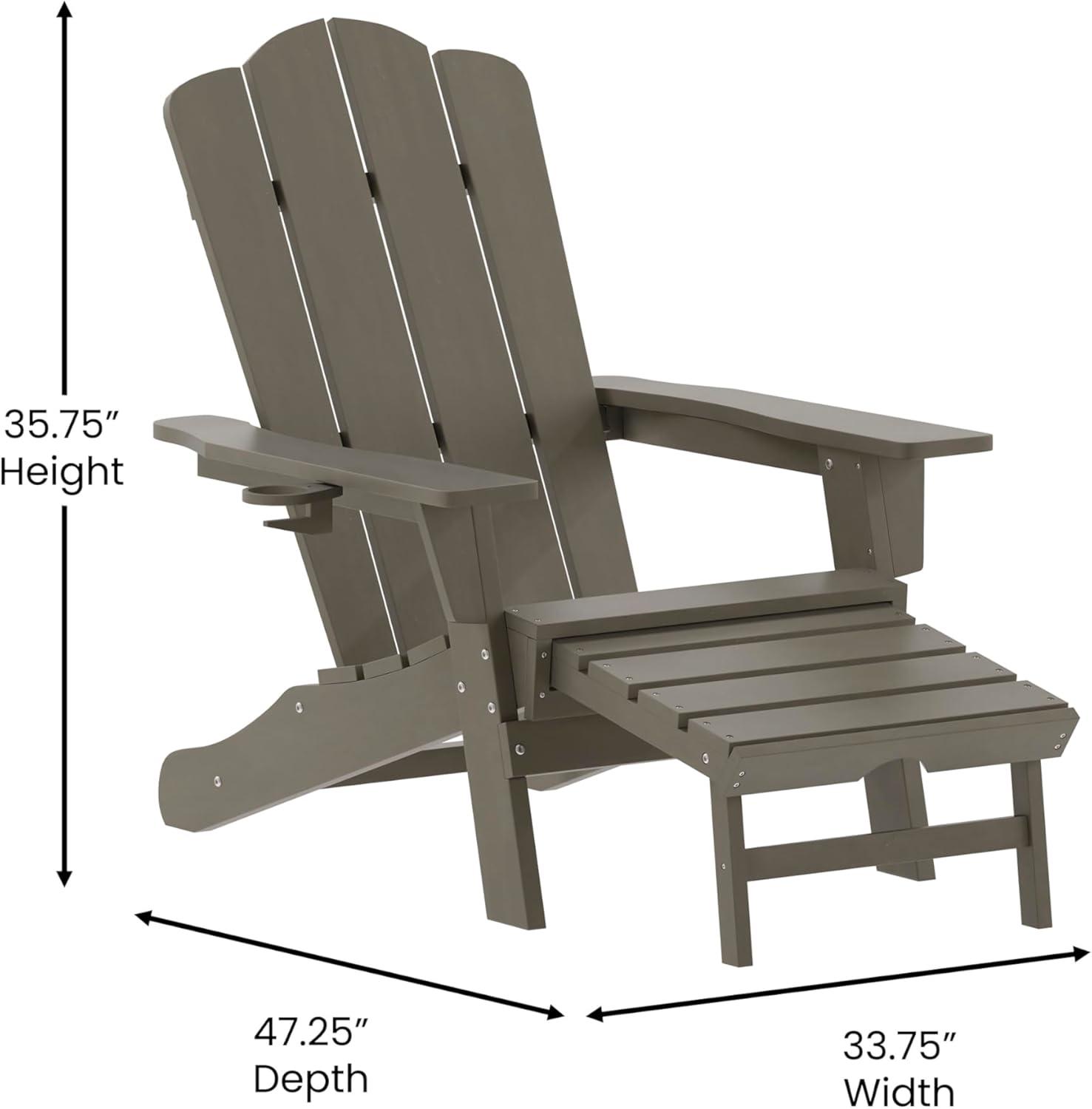 imageFlash Furniture Newport Poly Resin Adirondack Chair with Cup Holder and Pull Out Ottoman AllWeather Poly Resin IndoorOutdoor Lounge Chair GrayBrown