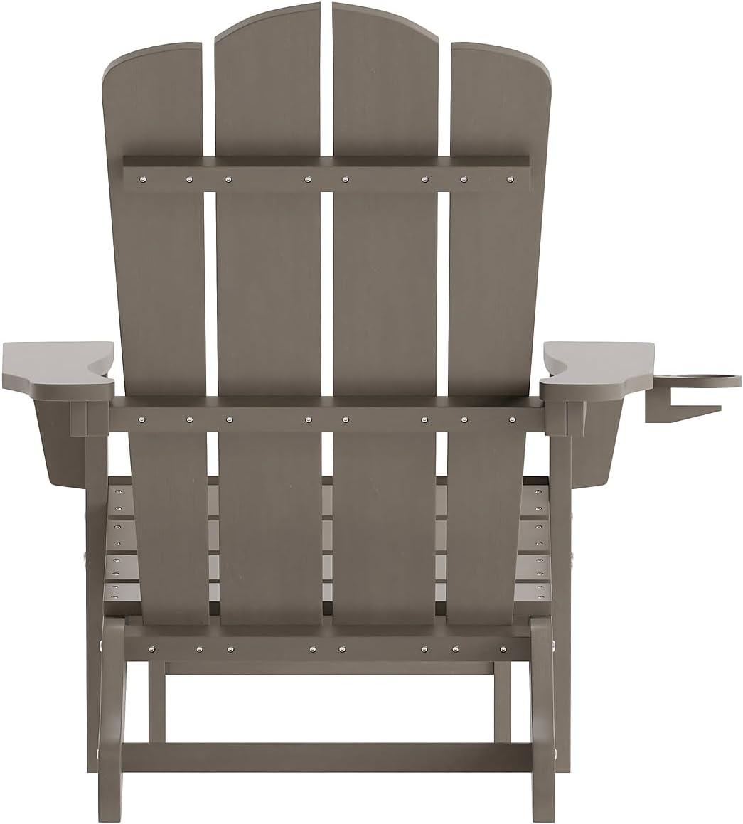 imageFlash Furniture Newport Poly Resin Adirondack Chair with Cup Holder and Pull Out Ottoman AllWeather Poly Resin IndoorOutdoor Lounge Chair GrayBrown