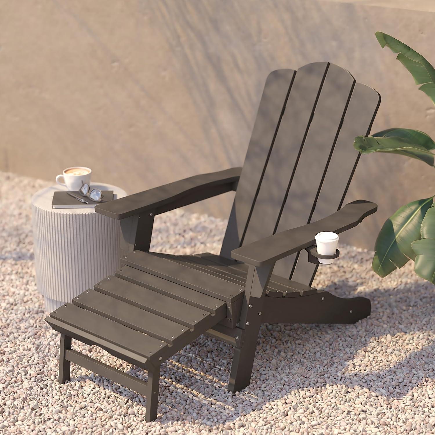 imageFlash Furniture Newport Poly Resin Adirondack Chair with Cup Holder and Pull Out Ottoman AllWeather Poly Resin IndoorOutdoor Lounge Chair GrayBrown
