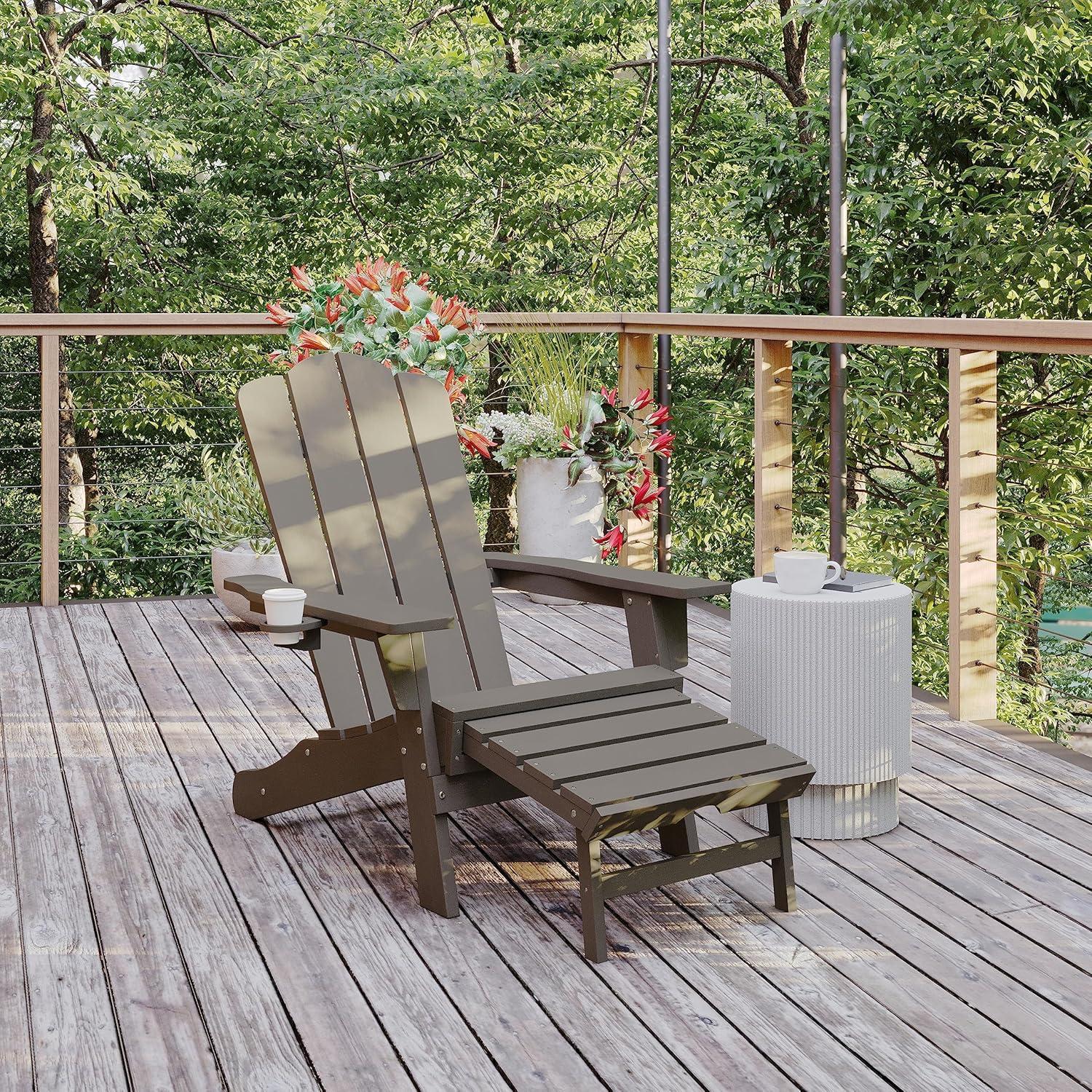 imageFlash Furniture Newport Poly Resin Adirondack Chair with Cup Holder and Pull Out Ottoman AllWeather Poly Resin IndoorOutdoor Lounge Chair GrayBrown
