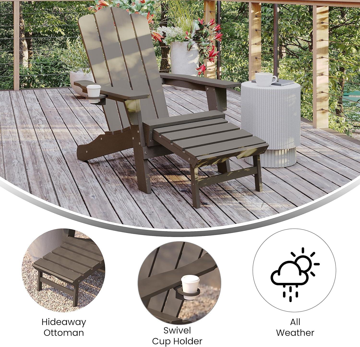 imageFlash Furniture Newport Poly Resin Adirondack Chair with Cup Holder and Pull Out Ottoman AllWeather Poly Resin IndoorOutdoor Lounge Chair GrayBrown
