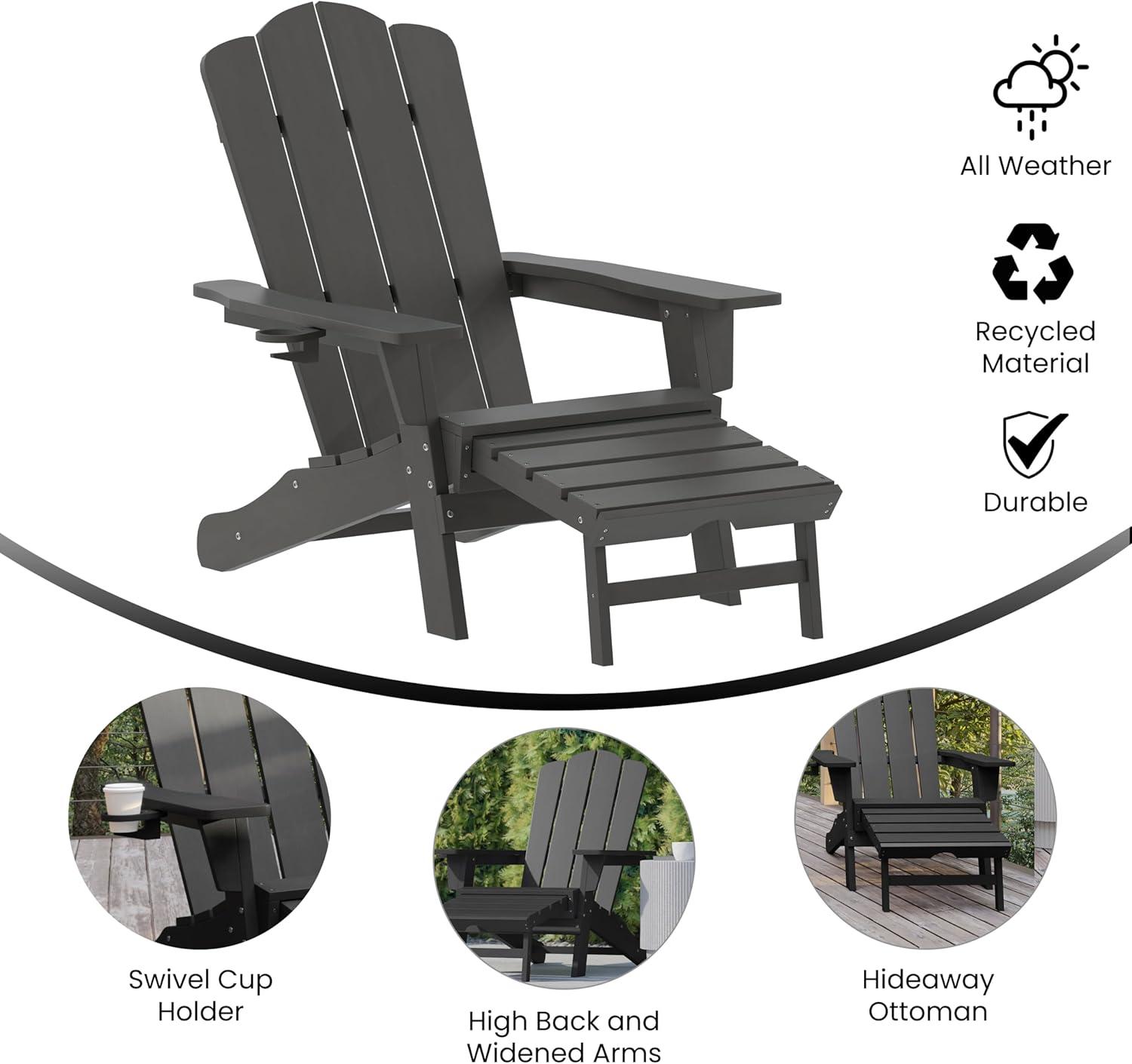 imageFlash Furniture Newport Poly Resin Adirondack Chair with Cup Holder and Pull Out Ottoman AllWeather Poly Resin IndoorOutdoor Lounge Chair GrayGrey