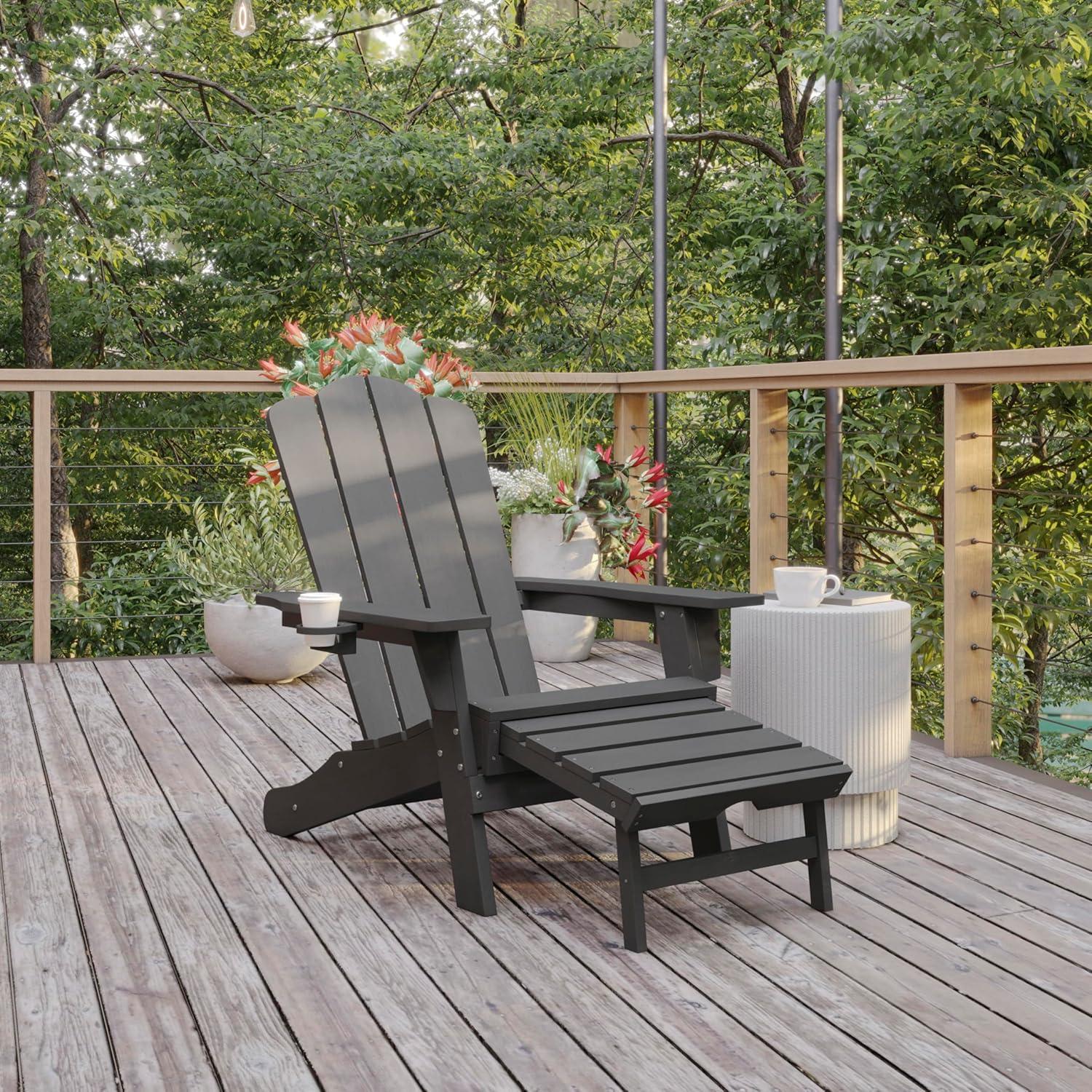 imageFlash Furniture Newport Poly Resin Adirondack Chair with Cup Holder and Pull Out Ottoman AllWeather Poly Resin IndoorOutdoor Lounge Chair GrayGrey