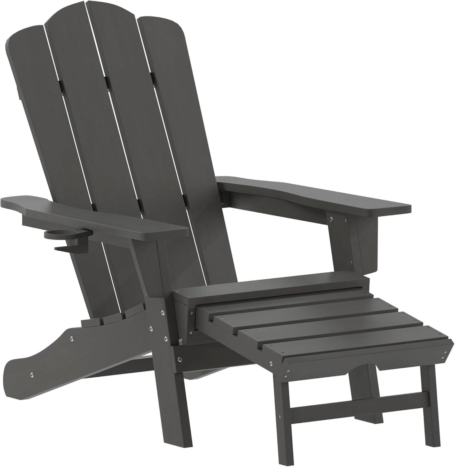 imageFlash Furniture Newport Poly Resin Adirondack Chair with Cup Holder and Pull Out Ottoman AllWeather Poly Resin IndoorOutdoor Lounge Chair GrayGrey
