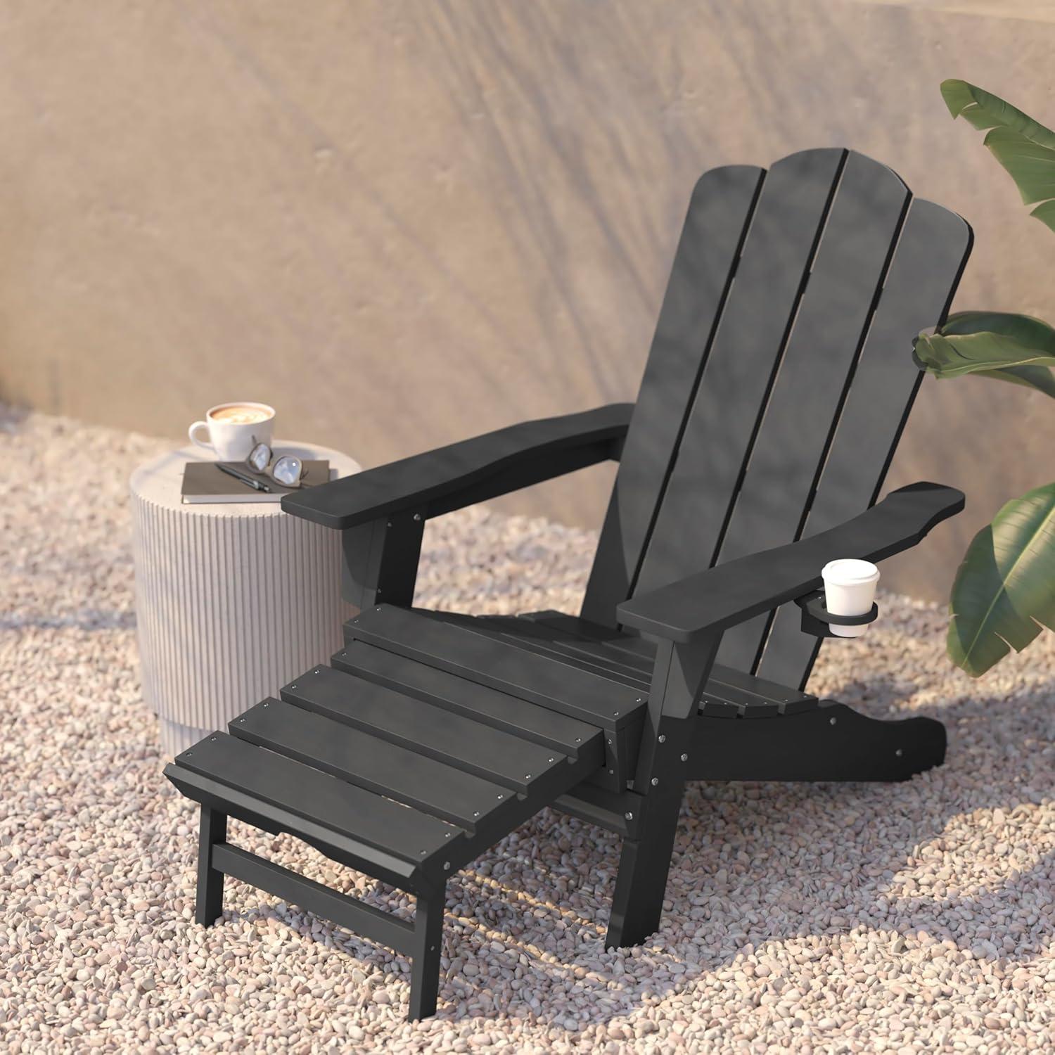 imageFlash Furniture Newport Poly Resin Adirondack Chair with Cup Holder and Pull Out Ottoman AllWeather Poly Resin IndoorOutdoor Lounge Chair GrayGrey