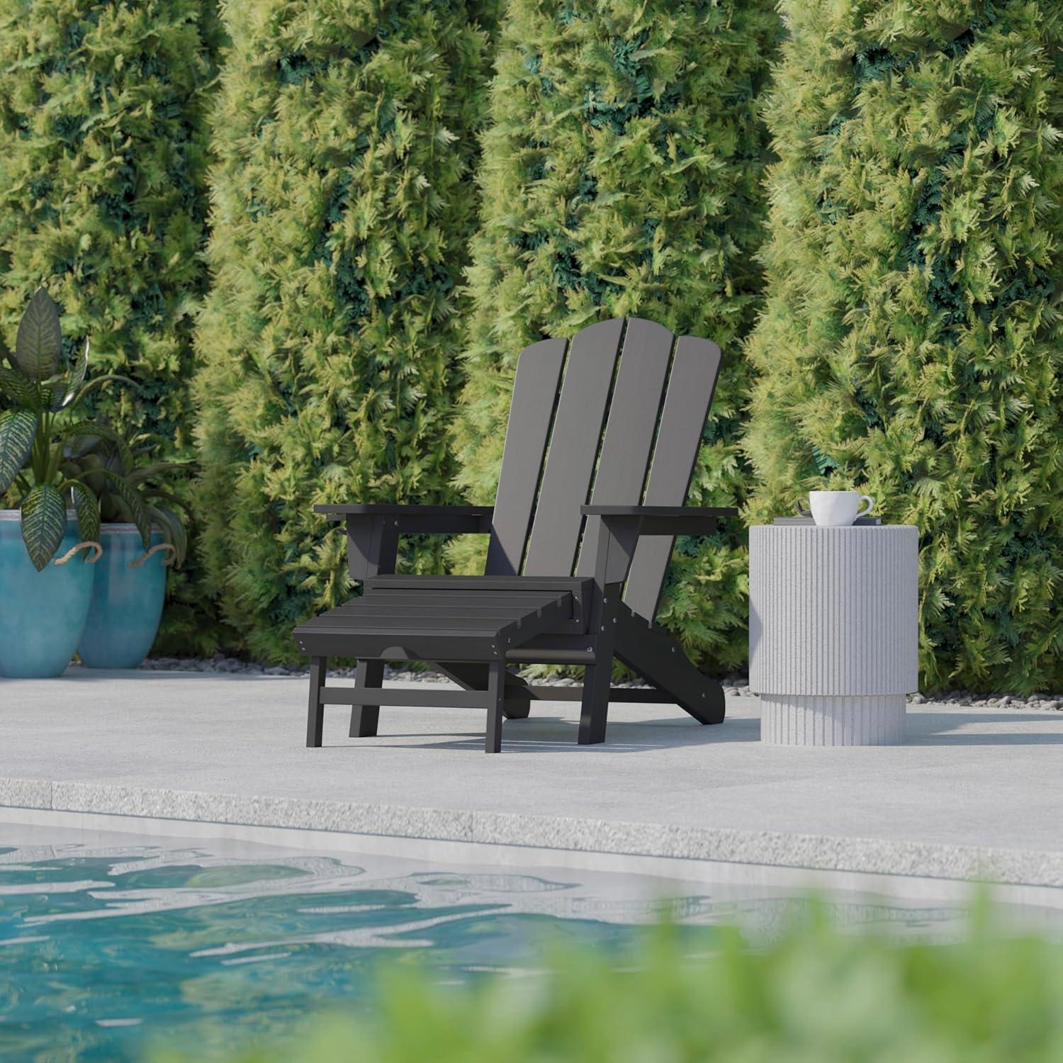 imageFlash Furniture Newport Poly Resin Adirondack Chair with Cup Holder and Pull Out Ottoman AllWeather Poly Resin IndoorOutdoor Lounge Chair GrayGrey