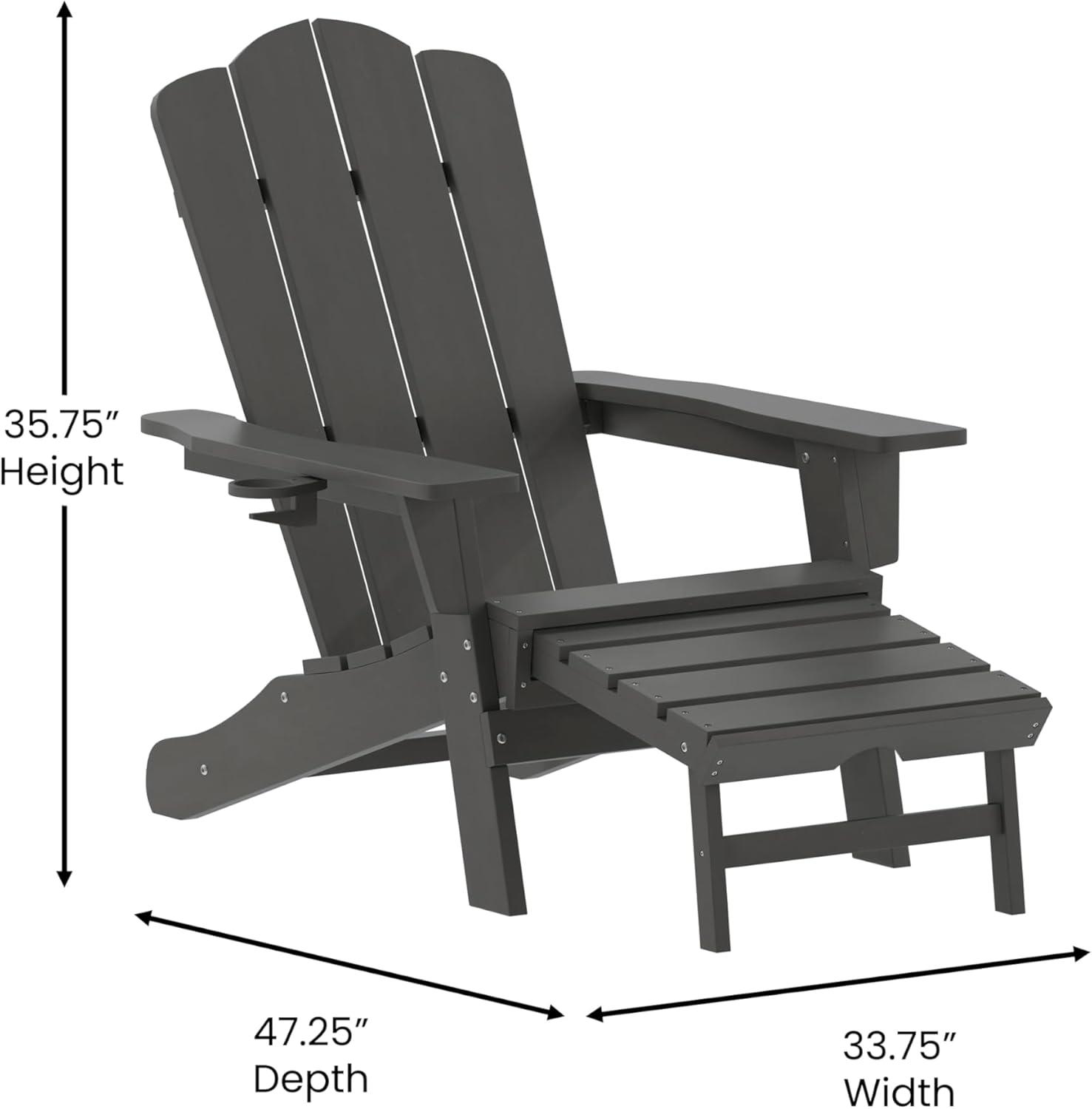 imageFlash Furniture Newport Poly Resin Adirondack Chair with Cup Holder and Pull Out Ottoman AllWeather Poly Resin IndoorOutdoor Lounge Chair GrayGrey