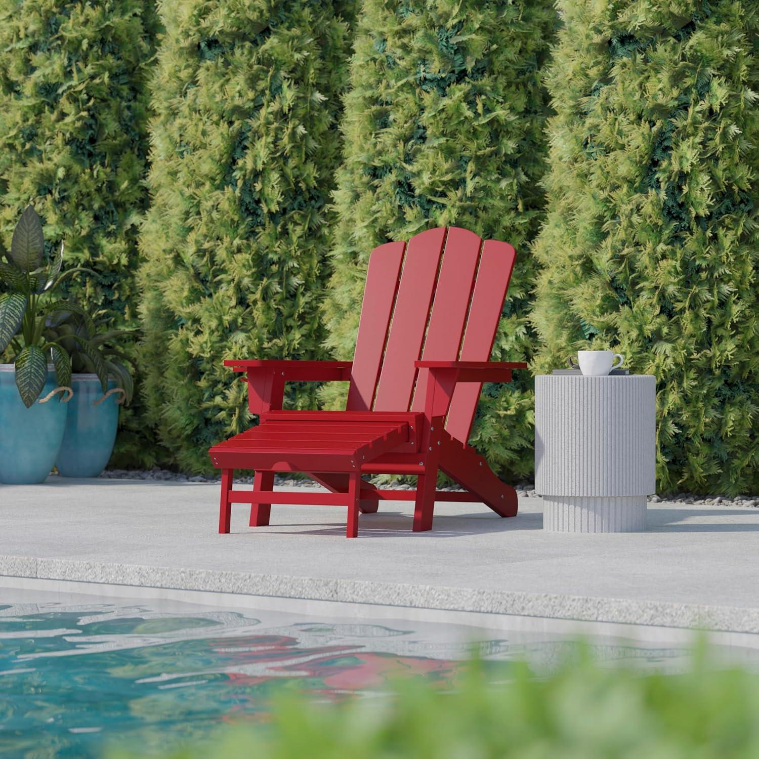 imageFlash Furniture Newport Poly Resin Adirondack Chair with Cup Holder and Pull Out Ottoman AllWeather Poly Resin IndoorOutdoor Lounge Chair GrayRed
