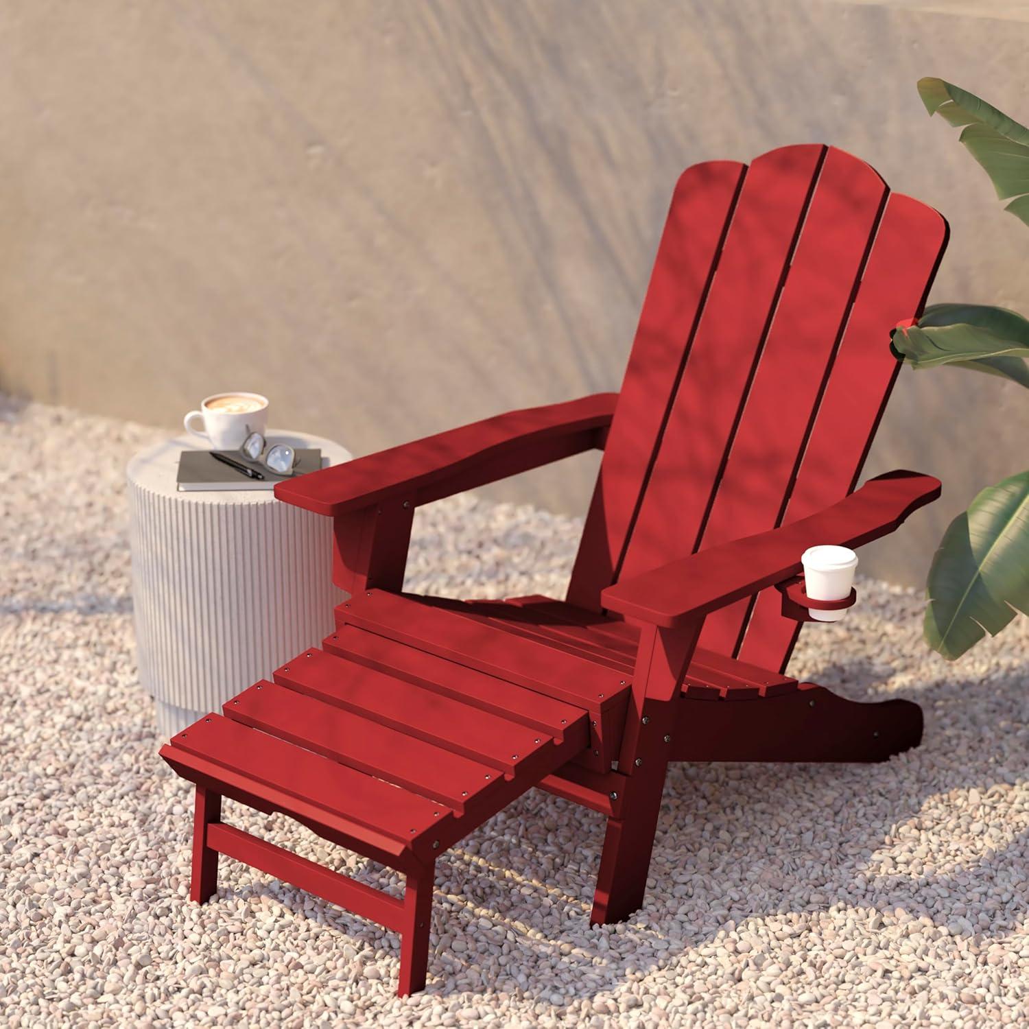 imageFlash Furniture Newport Poly Resin Adirondack Chair with Cup Holder and Pull Out Ottoman AllWeather Poly Resin IndoorOutdoor Lounge Chair GrayRed