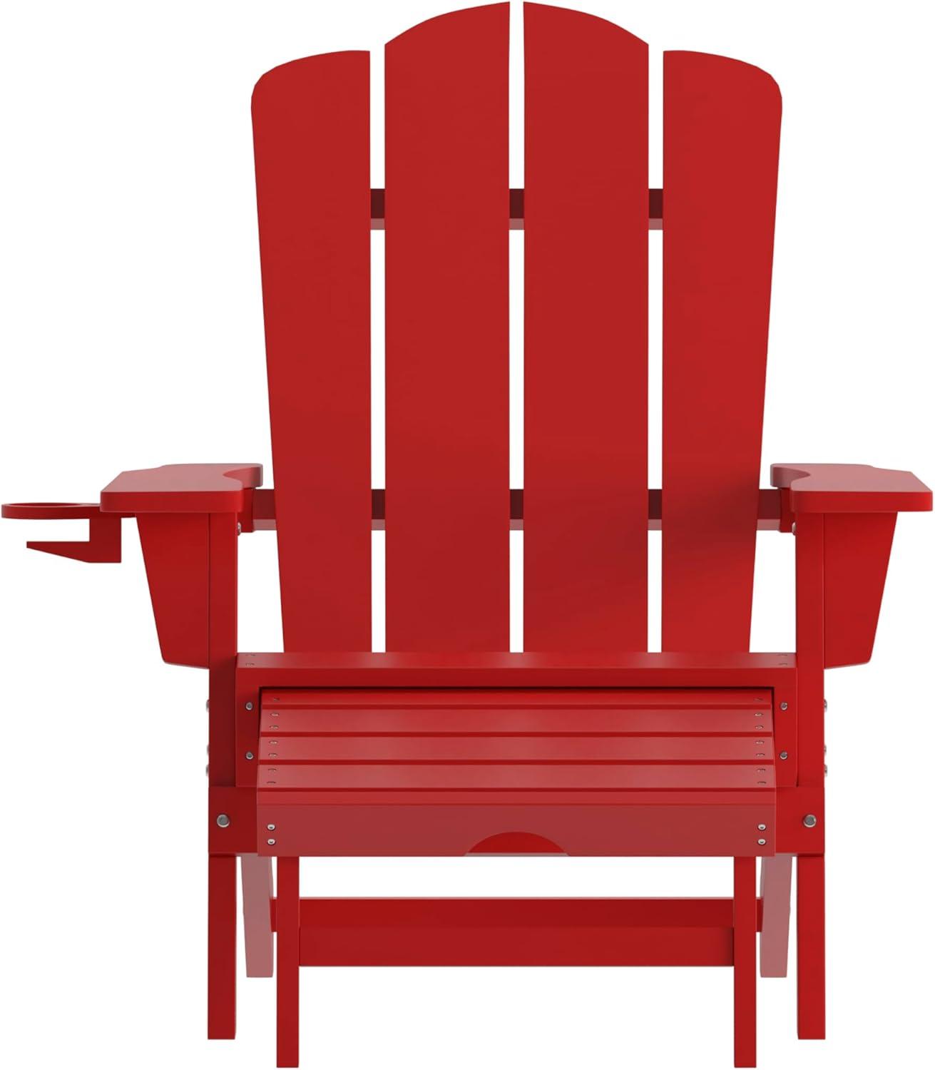 imageFlash Furniture Newport Poly Resin Adirondack Chair with Cup Holder and Pull Out Ottoman AllWeather Poly Resin IndoorOutdoor Lounge Chair GrayRed