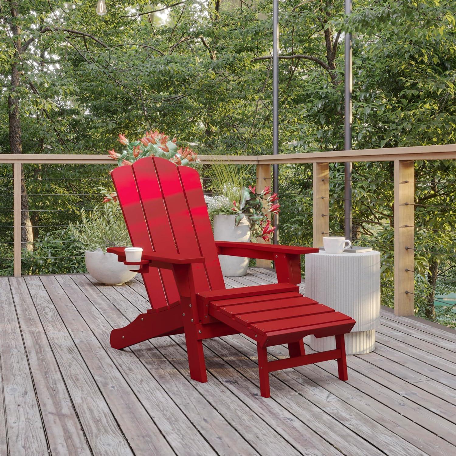 imageFlash Furniture Newport Poly Resin Adirondack Chair with Cup Holder and Pull Out Ottoman AllWeather Poly Resin IndoorOutdoor Lounge Chair GrayRed