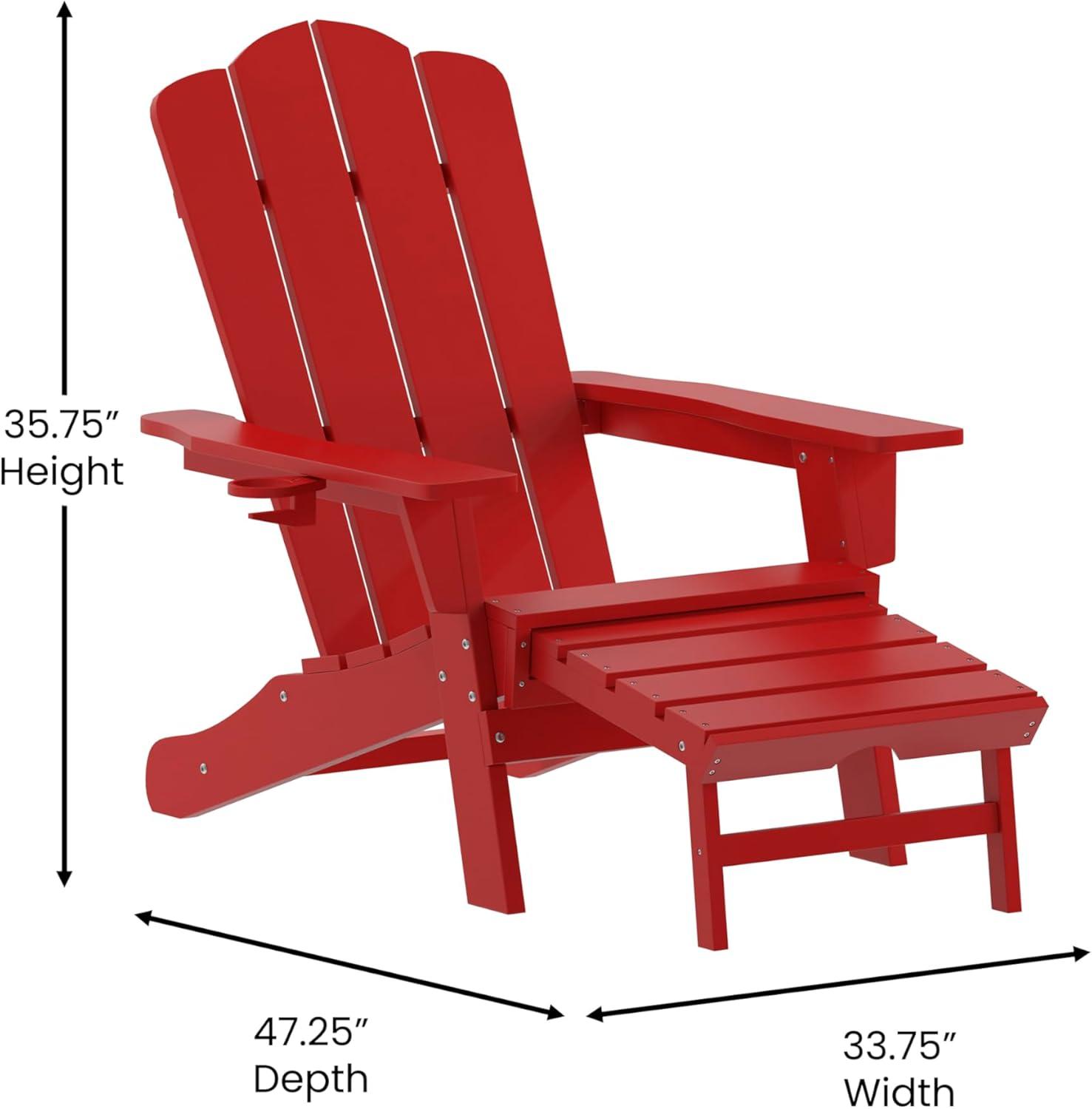 imageFlash Furniture Newport Poly Resin Adirondack Chair with Cup Holder and Pull Out Ottoman AllWeather Poly Resin IndoorOutdoor Lounge Chair GrayRed