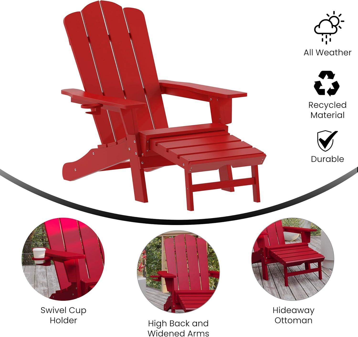 imageFlash Furniture Newport Poly Resin Adirondack Chair with Cup Holder and Pull Out Ottoman AllWeather Poly Resin IndoorOutdoor Lounge Chair GrayRed