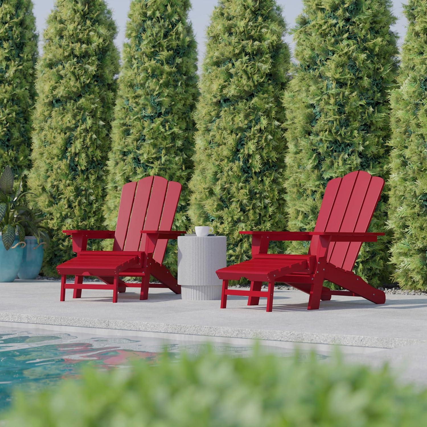 imageFlash Furniture Newport Poly Resin Adirondack Chair with Cup Holder and Pull Out Ottoman AllWeather Poly Resin IndoorOutdoor Lounge Chair GrayRed