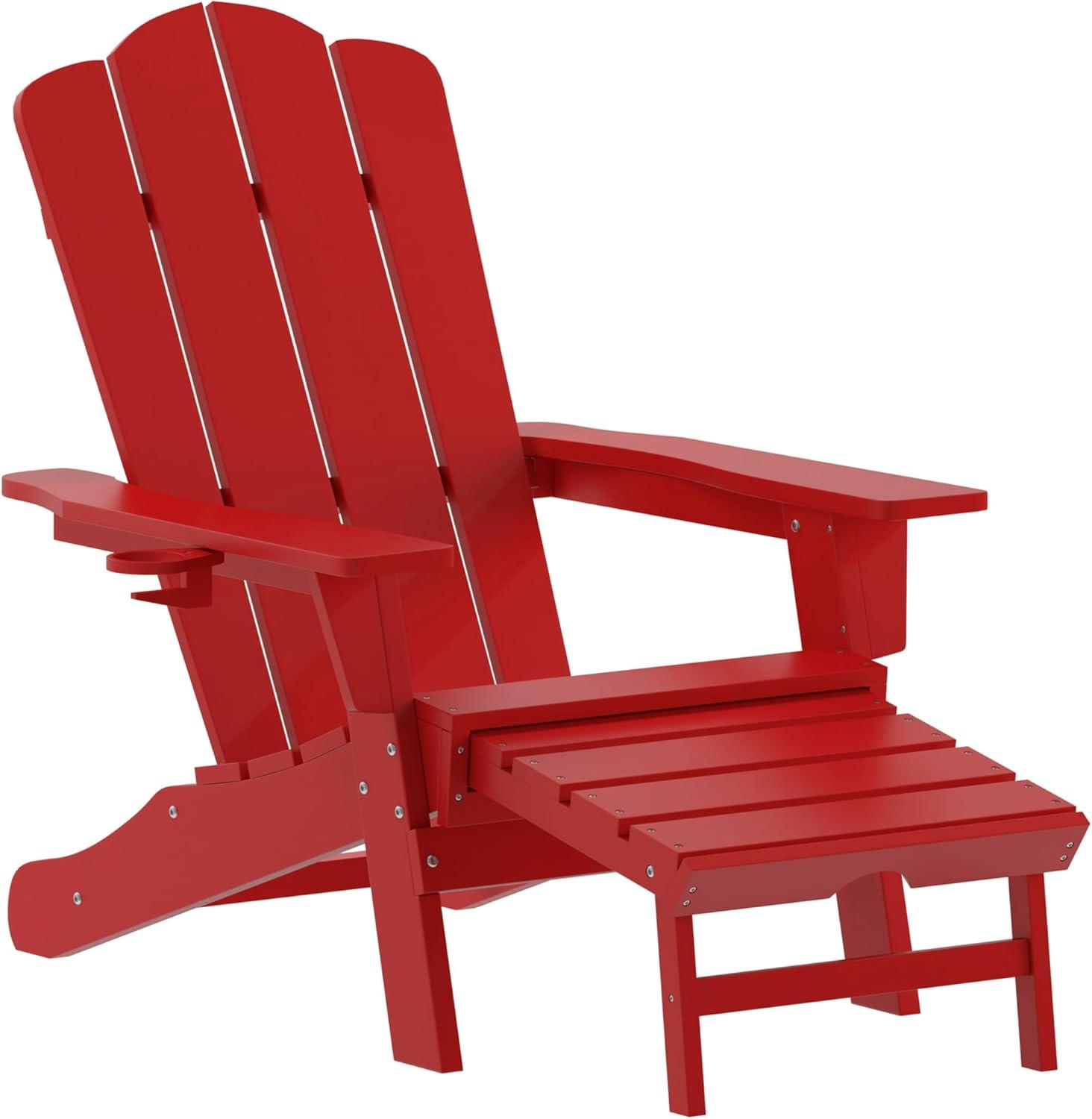 imageFlash Furniture Newport Poly Resin Adirondack Chair with Cup Holder and Pull Out Ottoman AllWeather Poly Resin IndoorOutdoor Lounge Chair GrayRed