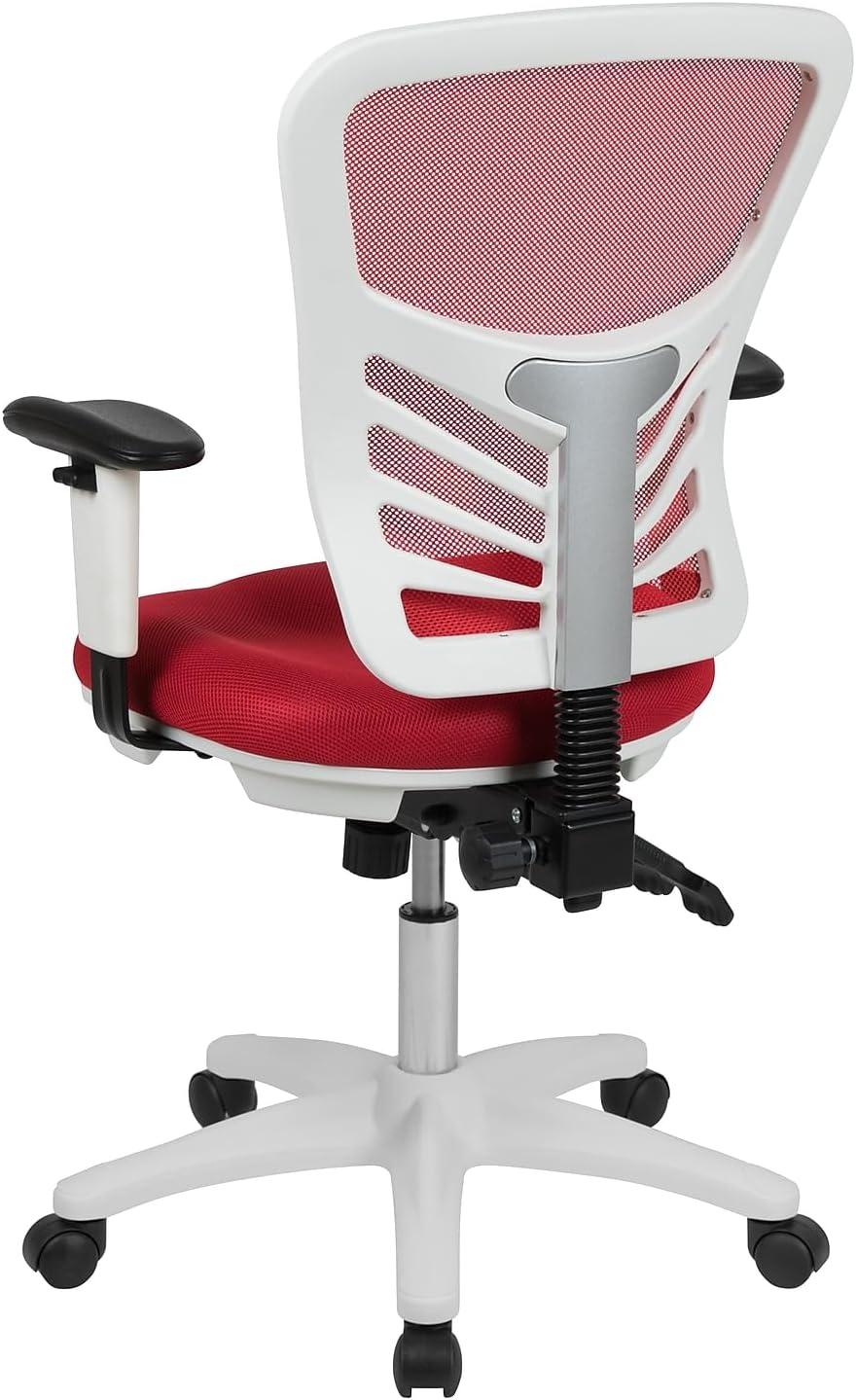 imageFlash Furniture Nicholas MidBack Swivel Desk Chair with Wheels Mesh Back Padded Seat and Armrests Adjustable Height Mesh Ergonomic Office Chair BlackRed MeshWhite Frame