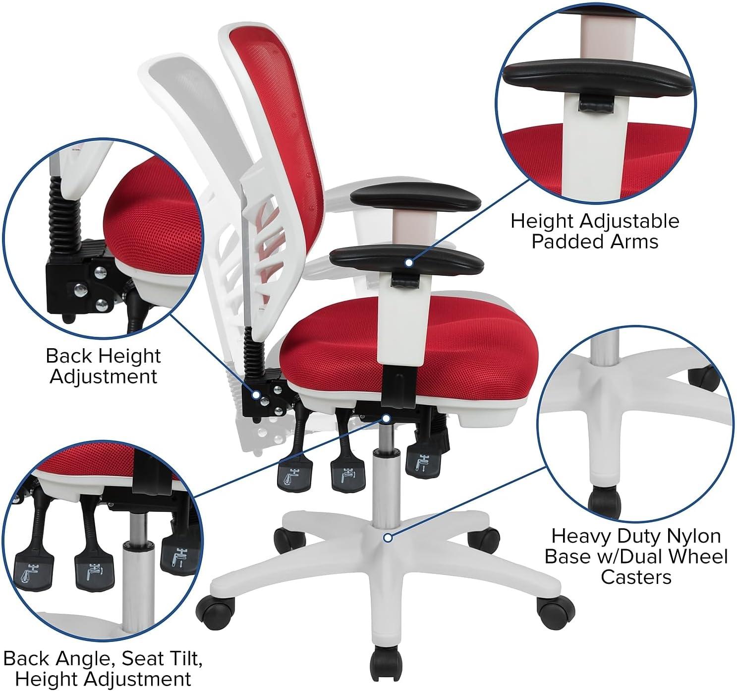 imageFlash Furniture Nicholas MidBack Swivel Desk Chair with Wheels Mesh Back Padded Seat and Armrests Adjustable Height Mesh Ergonomic Office Chair BlackRed MeshWhite Frame