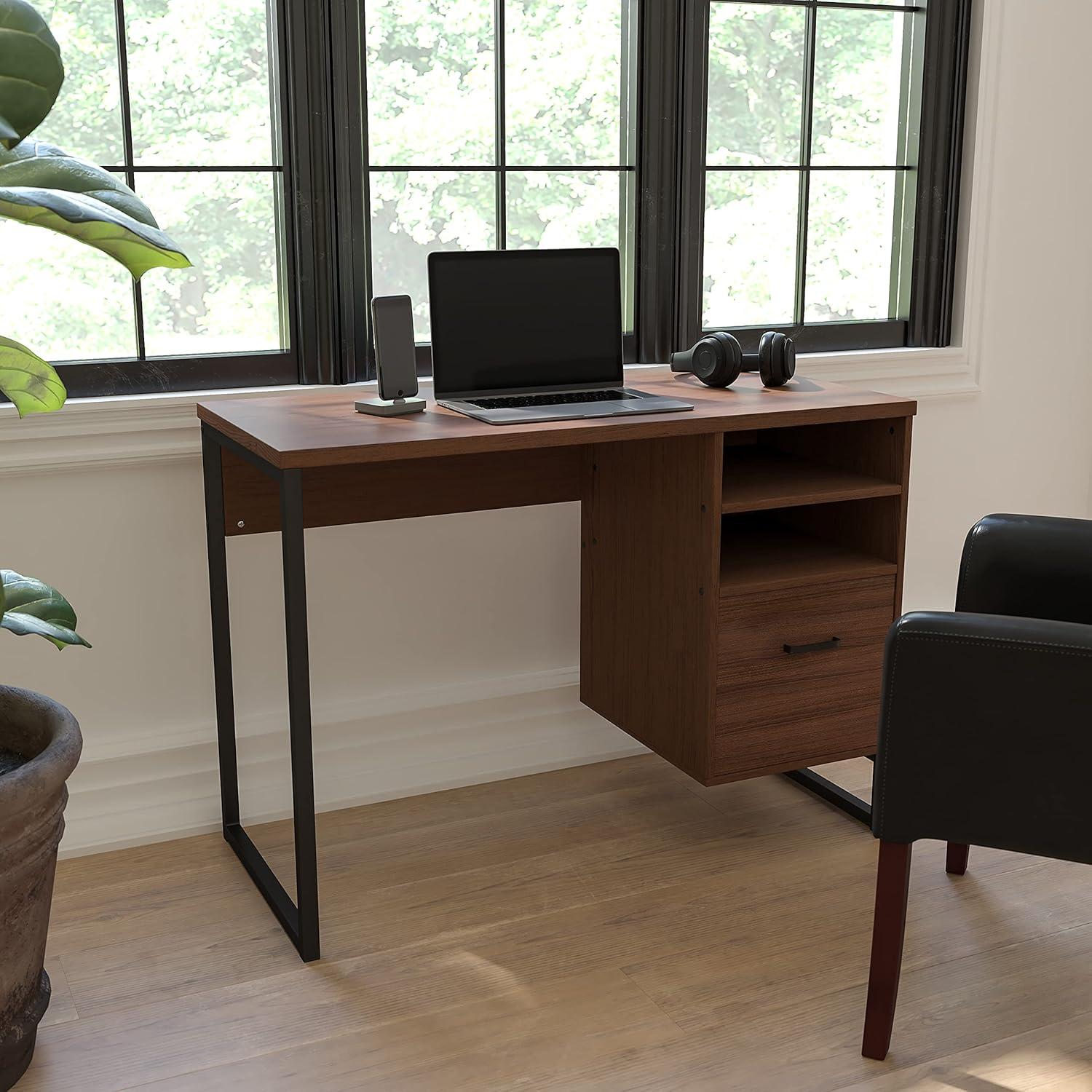 imageFlash Furniture Northbrook Rustic Coffee Wood Grain Finish Computer Desk with Black Metal Frame