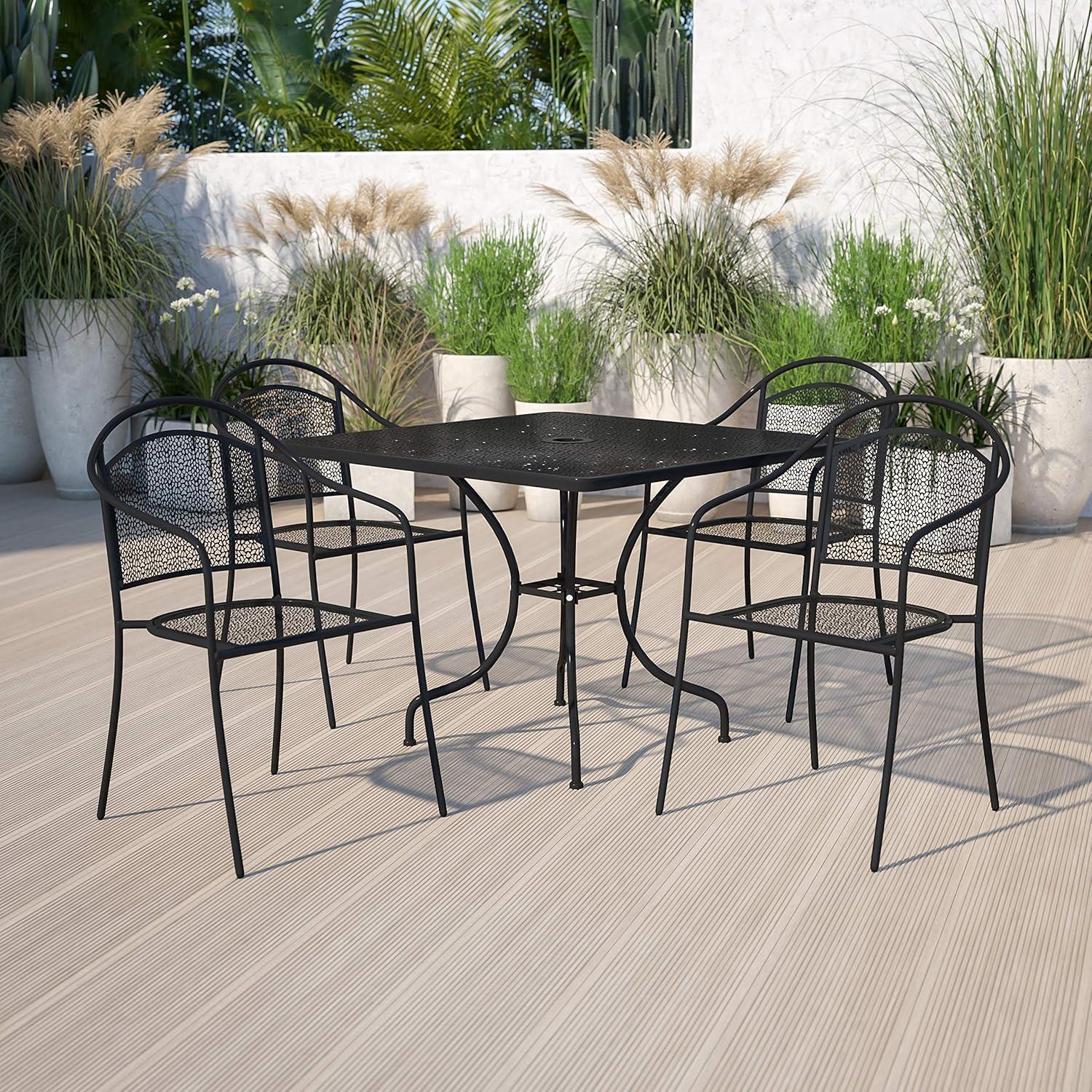 imageFlash Furniture Oia 5Piece Commercial Grade Steel Patio Table and Chairs Set Outdoor Dining Set with Square Table and 4 Round Back Chairs BlackBlack