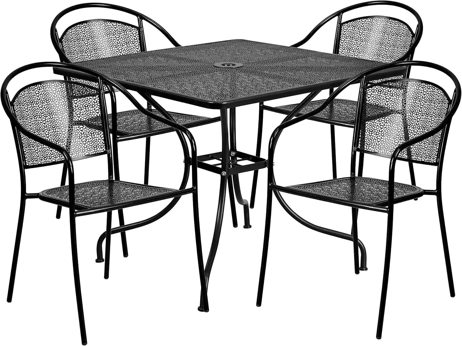 imageFlash Furniture Oia 5Piece Commercial Grade Steel Patio Table and Chairs Set Outdoor Dining Set with Square Table and 4 Round Back Chairs BlackBlack