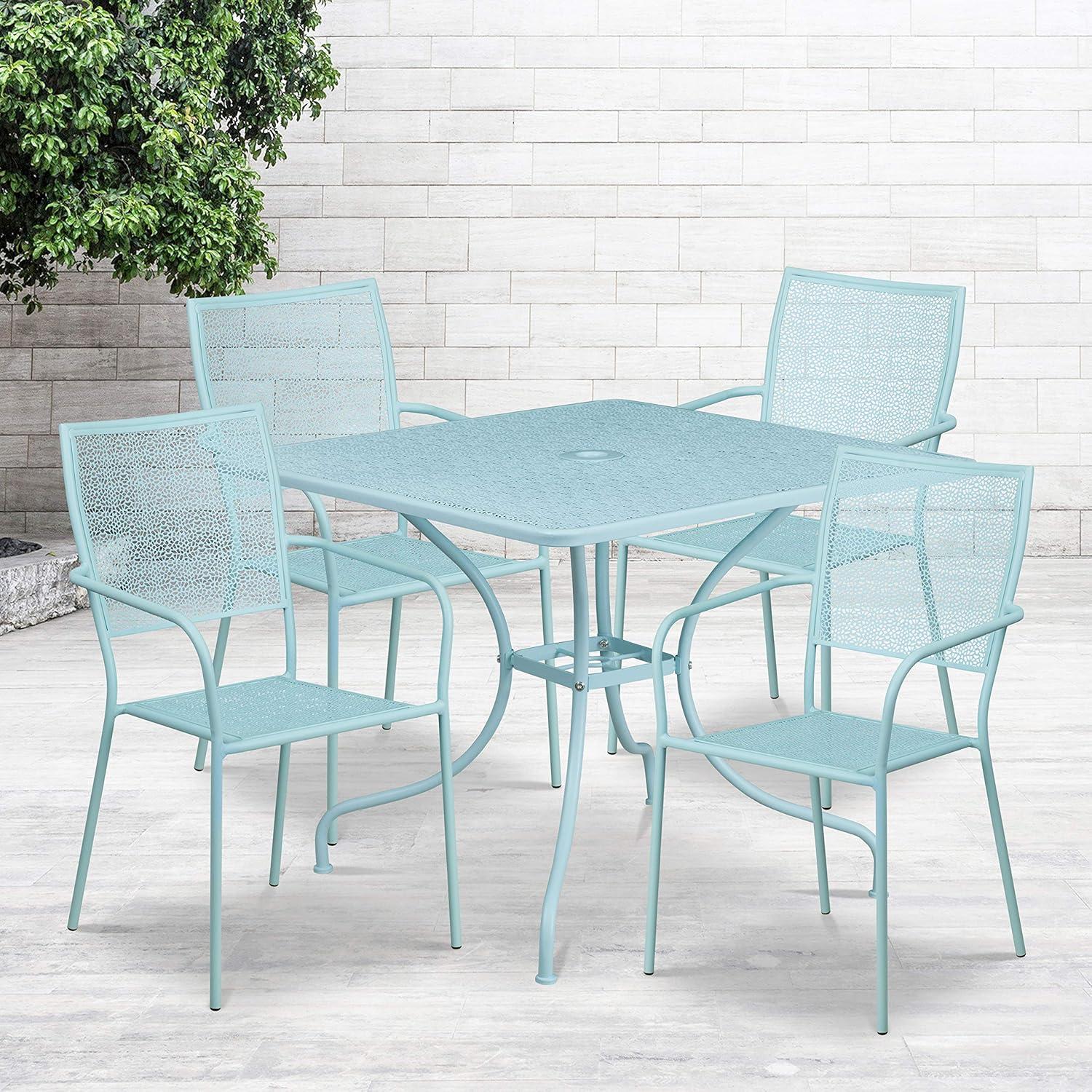 imageFlash Furniture Oia Commercial Grade 355quot Square Black IndoorOutdoor Steel Patio Table Set with 4 Square Back ChairsSky Blue