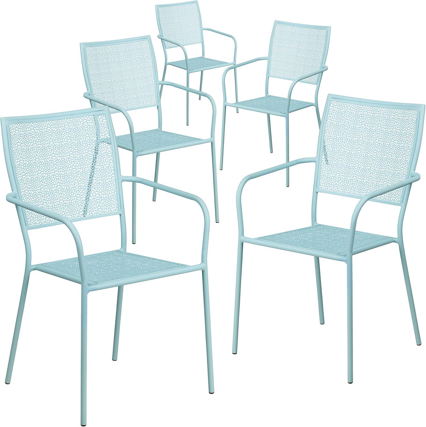 imageFlash Furniture Oia Commercial Grade 5 Pack Black IndoorOutdoor Steel Patio Arm Chair with Square BackSky Blue