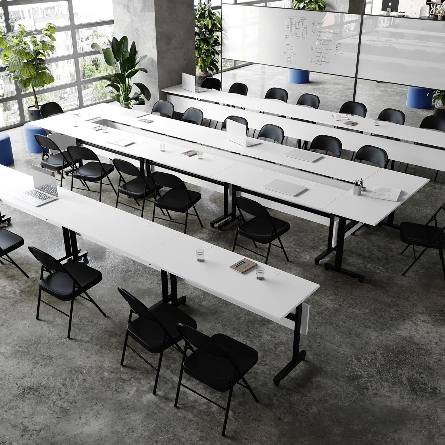 imageFlash Furniture Palmer Commercial Nesting Flip Training Table HeavyDuty Steel Frame and TLegs Modesty Panel 1quot Thick Tabletop 60quot x 24quot White TopBlack FrameWhite TopBlack Frame