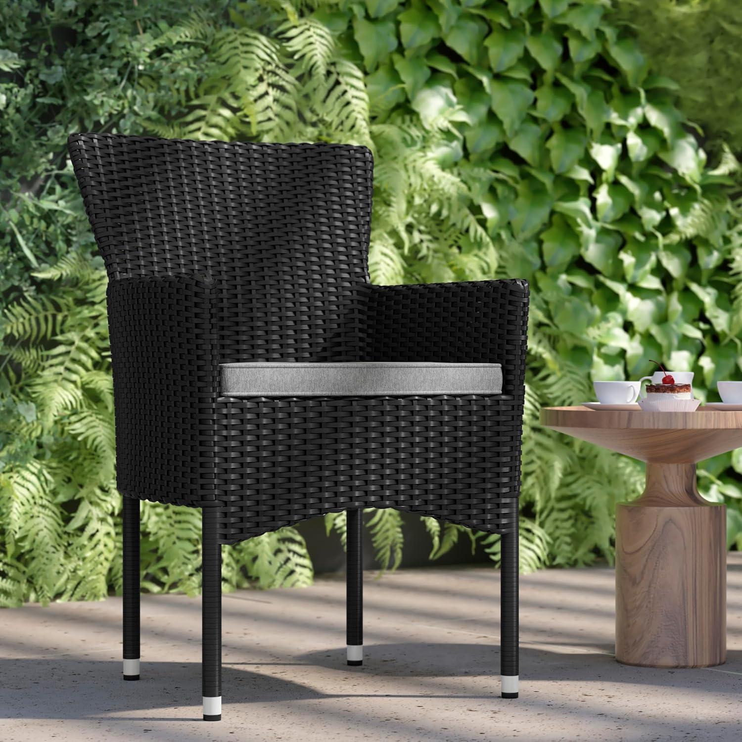 imageFlash Furniture Peregrine 7 Piece Outdoor Patio Dining Set Space Saving Black Wicker Modular Chairs ampamp Cream CushionsNatural Finish Acacia Wood TableSeating for 6BlackGray