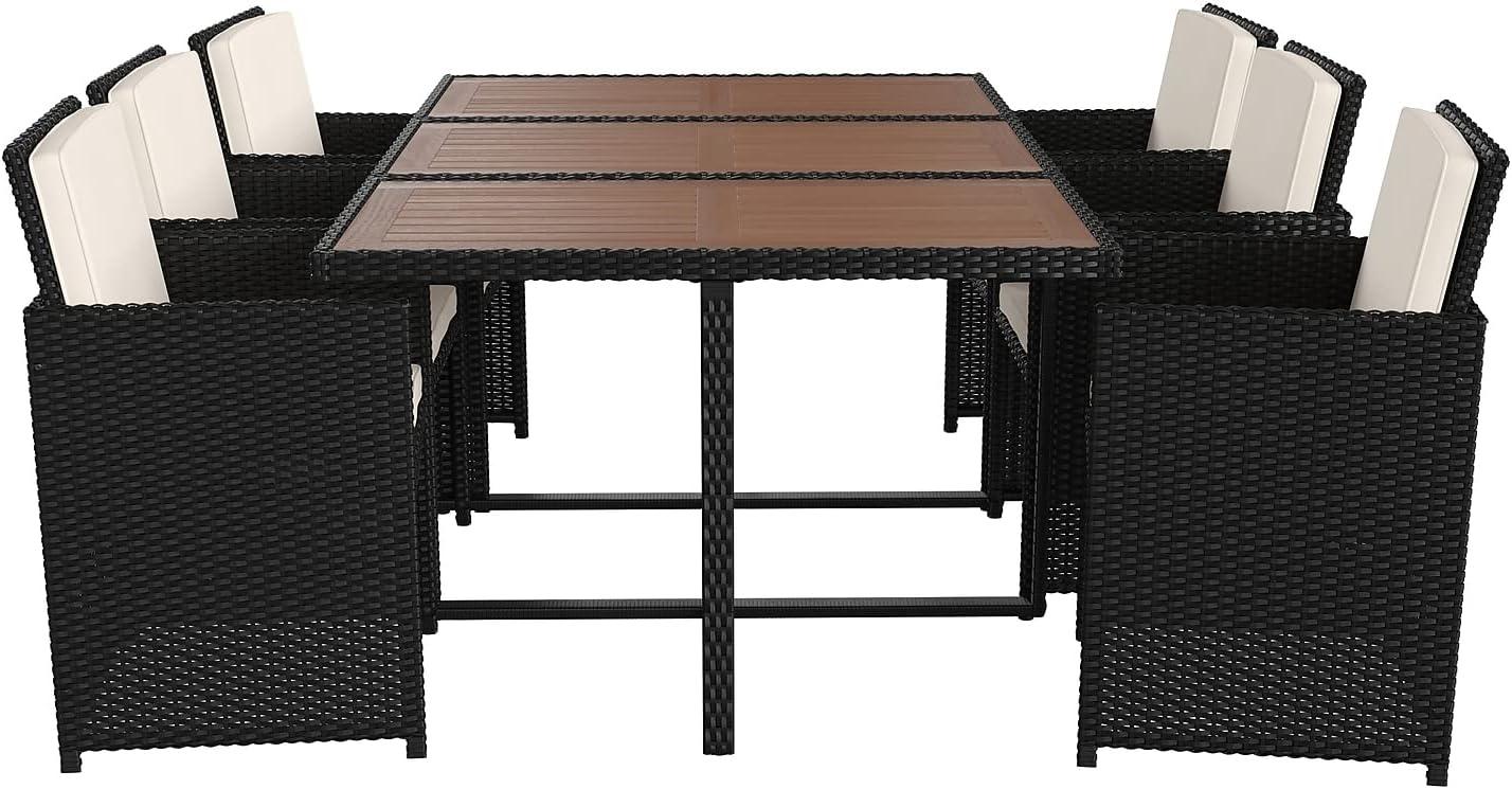 imageFlash Furniture Peregrine 7 Piece Outdoor Patio Dining Set Space Saving Black Wicker Modular Chairs ampamp Cream CushionsNatural Finish Acacia Wood TableSeating for 6NaturalBlack