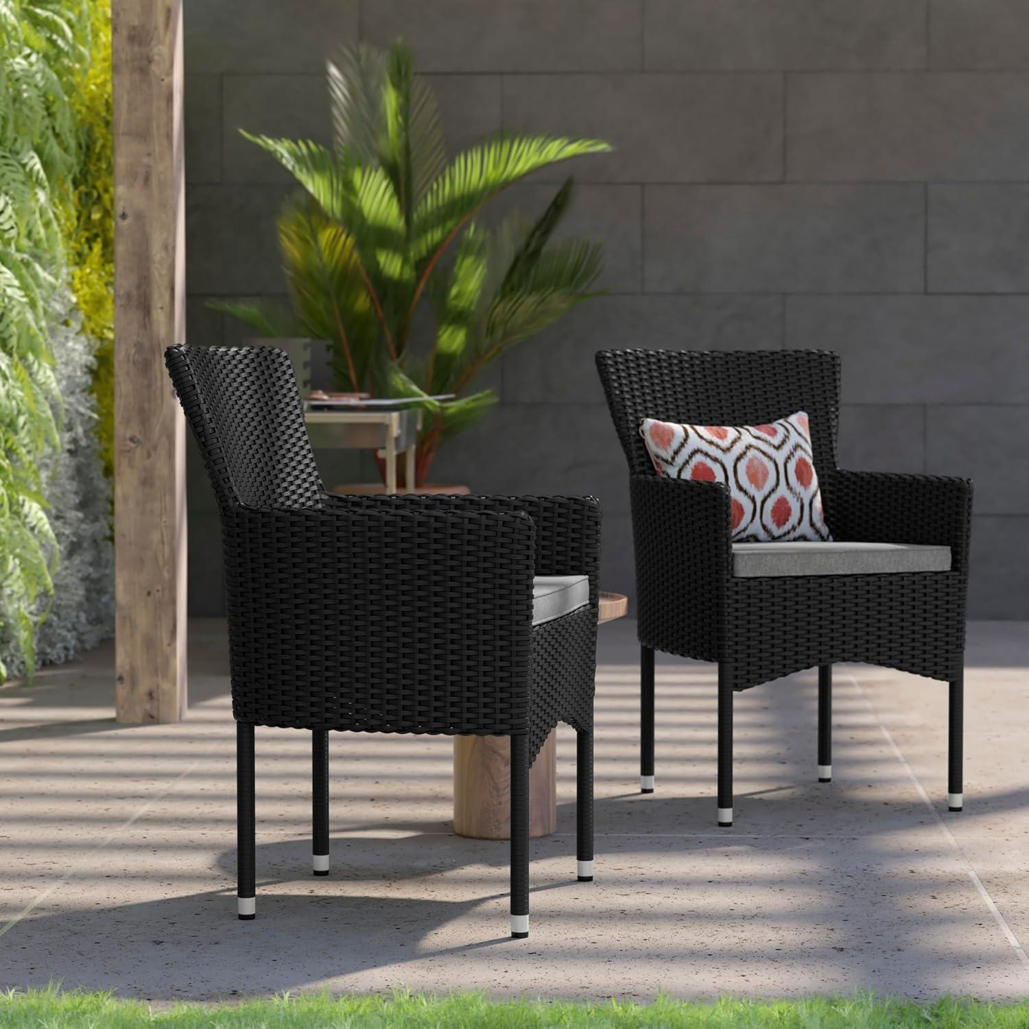 imageFlash Furniture Peregrine 7 Piece Outdoor Patio Dining Set Space Saving Black Wicker Modular Chairs ampamp Cream CushionsNatural Finish Acacia Wood TableSeating for 6BlackGray
