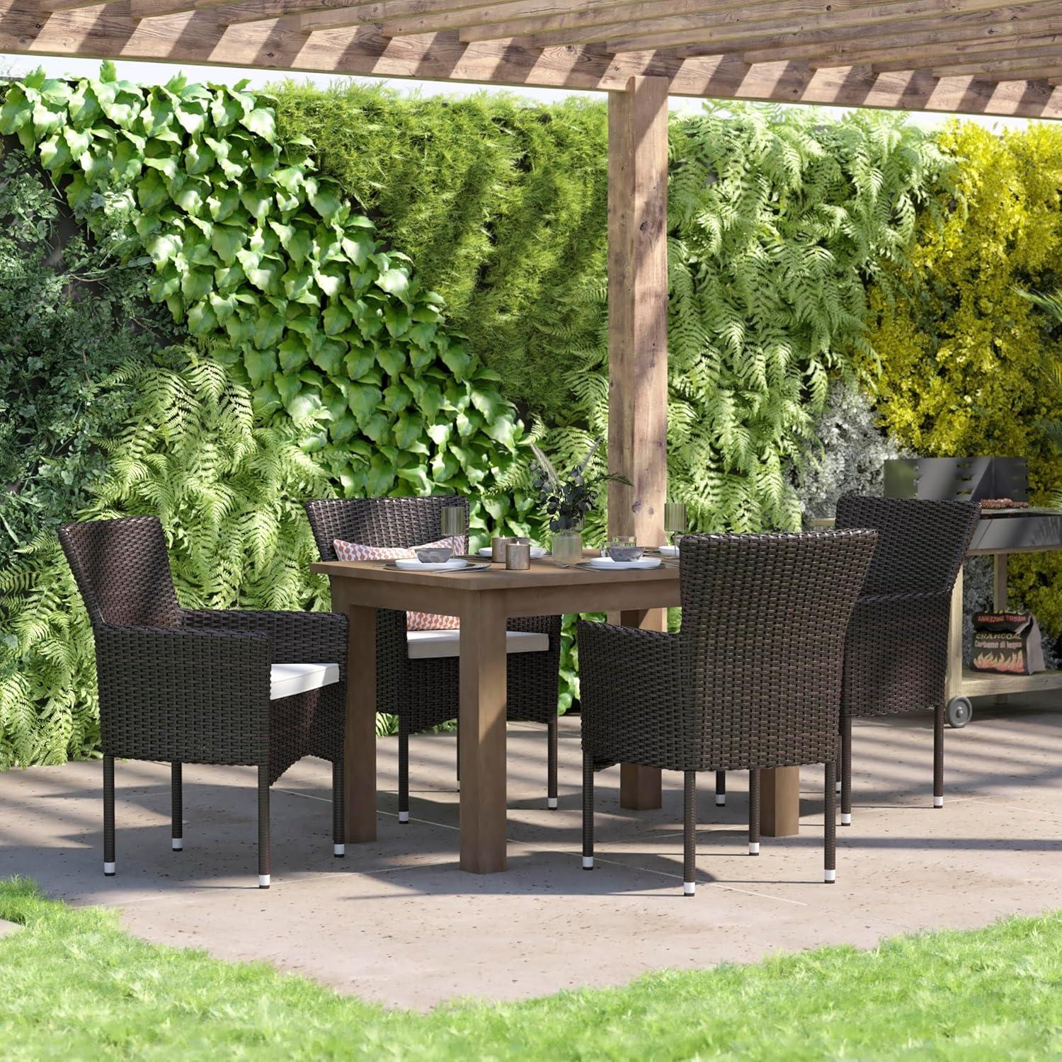 imageFlash Furniture Peregrine 7 Piece Outdoor Patio Dining Set Space Saving Black Wicker Modular Chairs ampamp Cream CushionsNatural Finish Acacia Wood TableSeating for 6EspressoCream