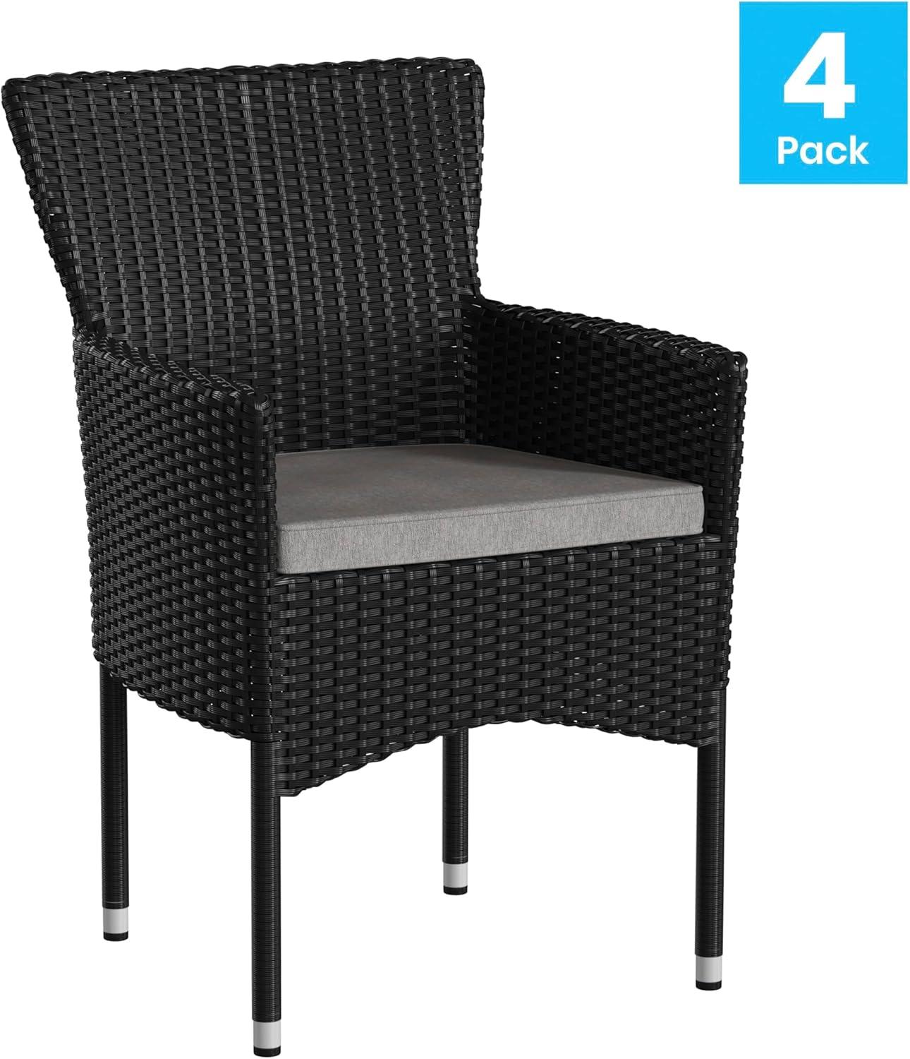 imageFlash Furniture Peregrine 7 Piece Outdoor Patio Dining Set Space Saving Black Wicker Modular Chairs ampamp Cream CushionsNatural Finish Acacia Wood TableSeating for 6BlackGray